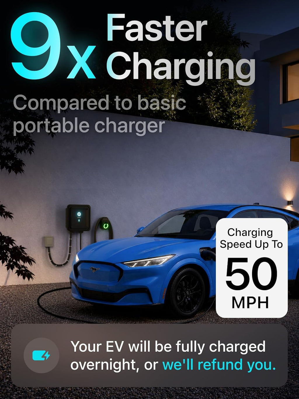 Level 2 EV Charger J1772 48A - Hardwired 240V Wall Charging Station | up to 50 mph, 25ft Cable, Enhanced WiFi (2.4GHz), Smart App, Weatherproof Indoor/Outdoor (IP66, NEMA 4), UL & ETL Certified