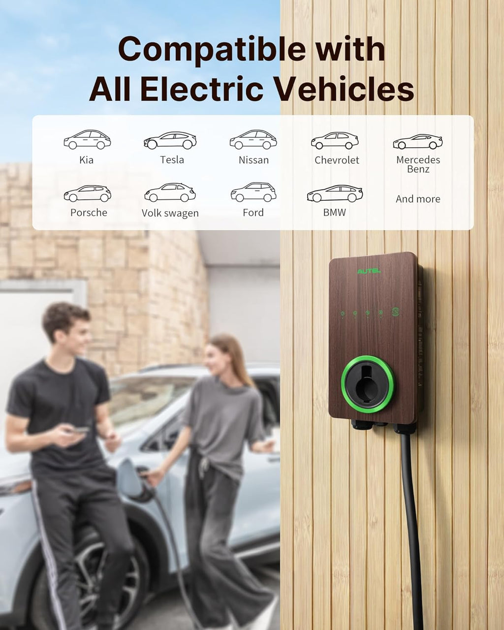 Autel Home Smart Electric Vehicle (EV) Charger up to 50Amp, 240V, Indoor/Outdoor Car Charging Station with Level 2, Wi-Fi and Bluetooth Enabled EVSE, 25-Foot Cable,Wood Grain