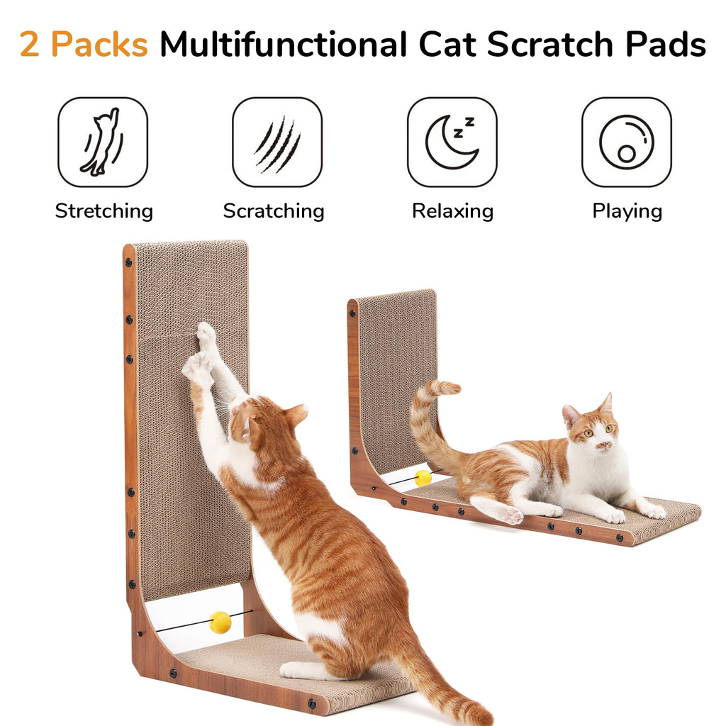 FUKUMARU Cat Scratcher, 26.8 Inch L Shaped Cat Scratch Pad for Indoor Cats | Vertical Cat Scratching Board with Ball Cat Toy, Cardboard Cat Scratcher for Wall Sofa Couch, Kitten Scratching Post, Large