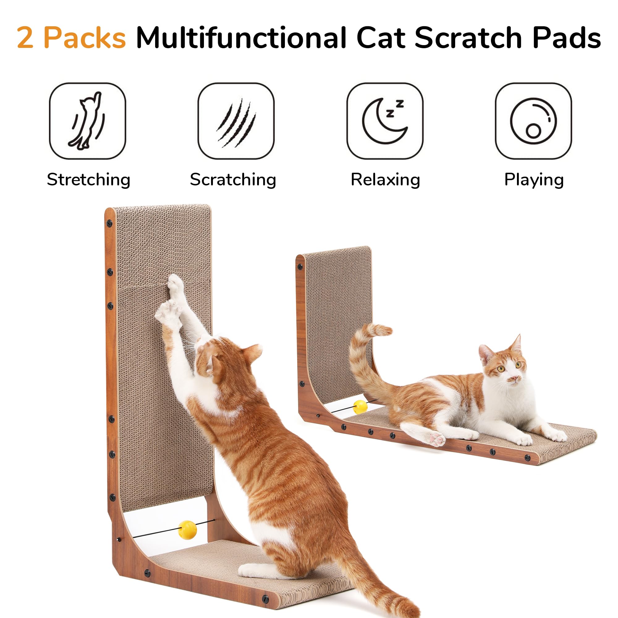 FUKUMARU Cat Scratcher, 26.8 Inch L Shaped Cat Scratch Pad for Indoor Cats | Vertical Cat Scratching Board with Ball Cat Toy, Cardboard Cat Scratcher for Wall Sofa Couch, Kitten Scratching Post, Large