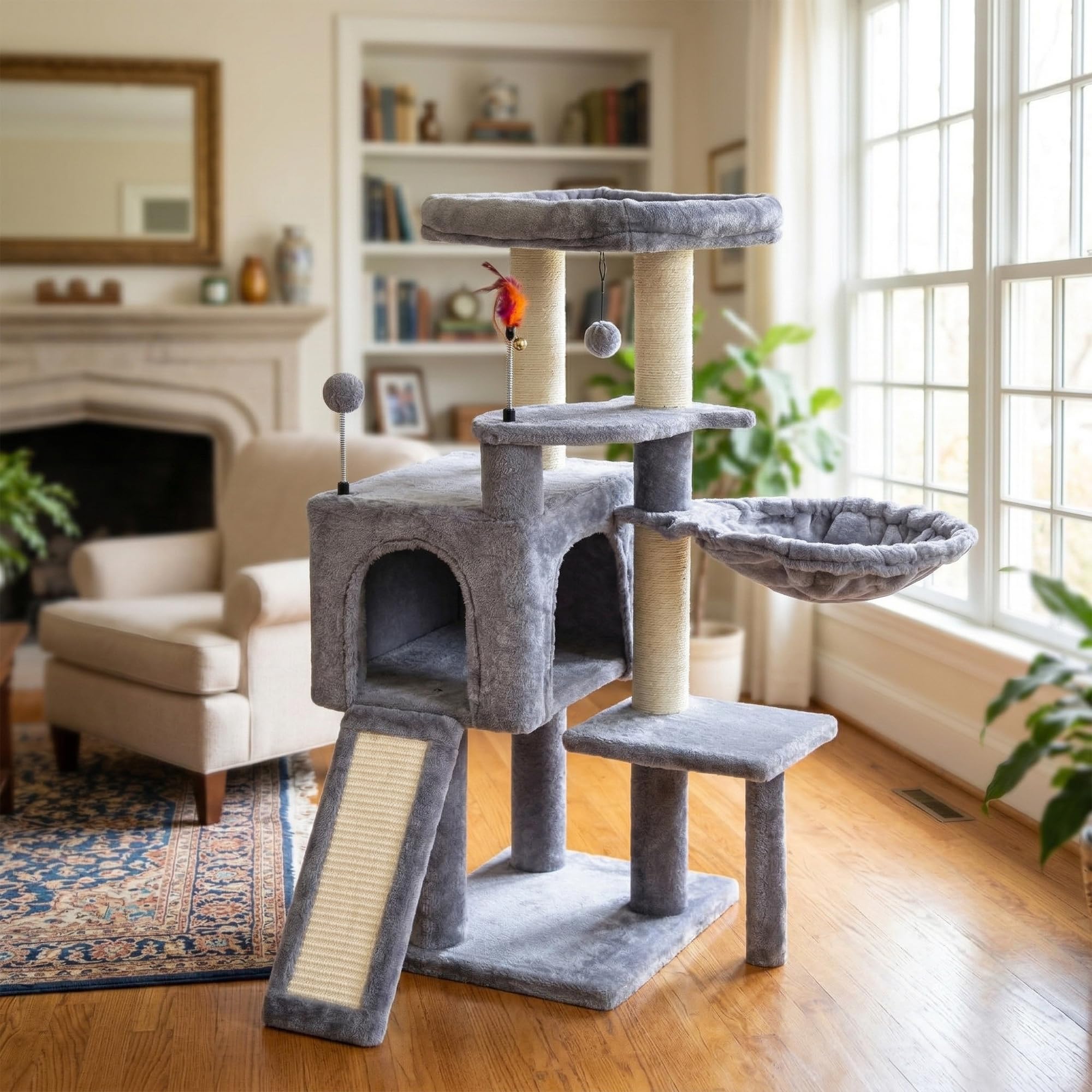 AIWIKIDE 37.4" Cactus Cat Tree Tower with Twin Cat Condos for Indoor Cats, All-in-One Activity Center with Cat Scratching Post Cozy Sleeping Perch Hammock and Toy Balls,Green
