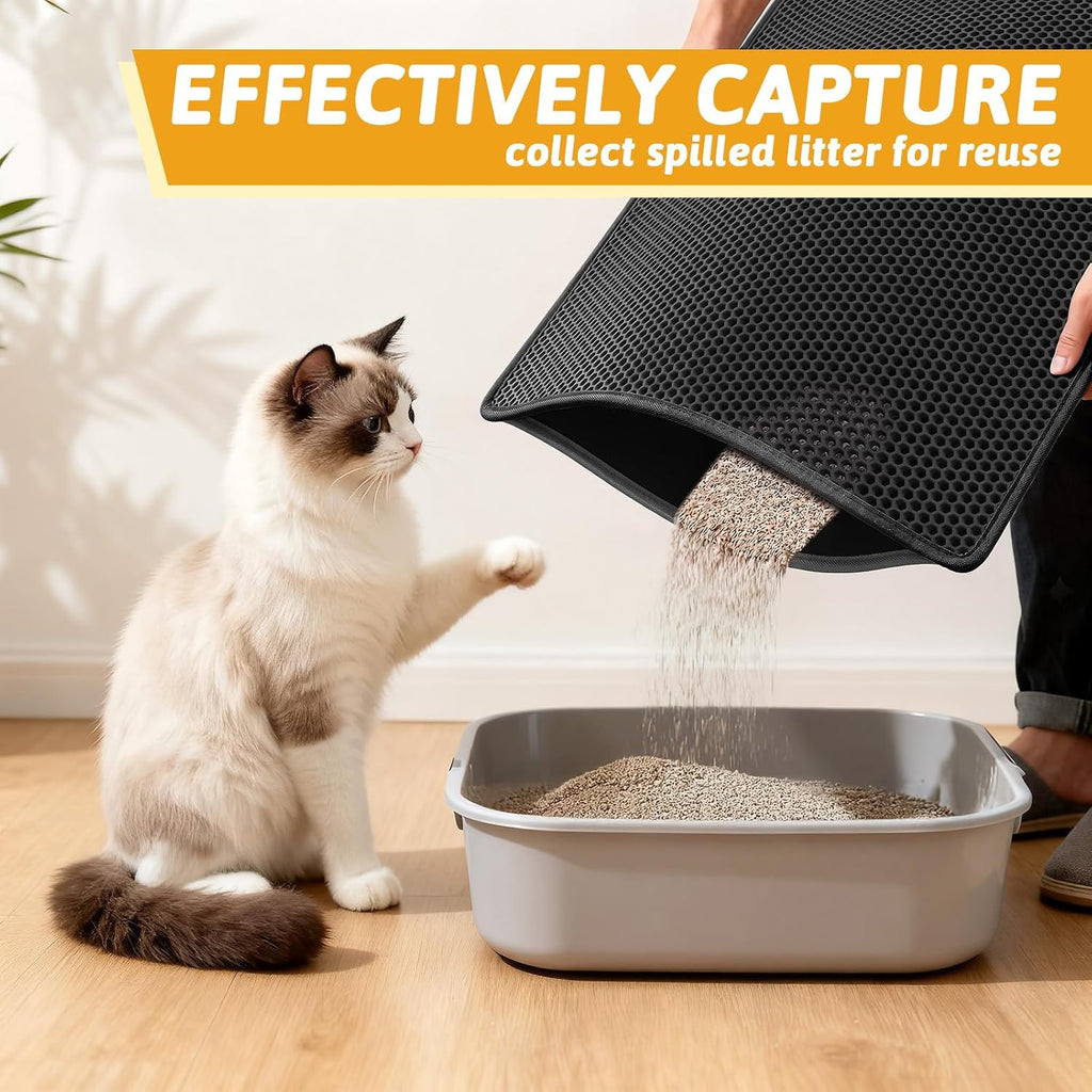 Pieviev Cat Litter Mat, Double-Layer Waterproof Litter Trap, 24" x 15" Gray | Honeycomb Design Catches Scattered Particles to Stop Tracking, Urineproof Base Protects Floors, Easy to Clean