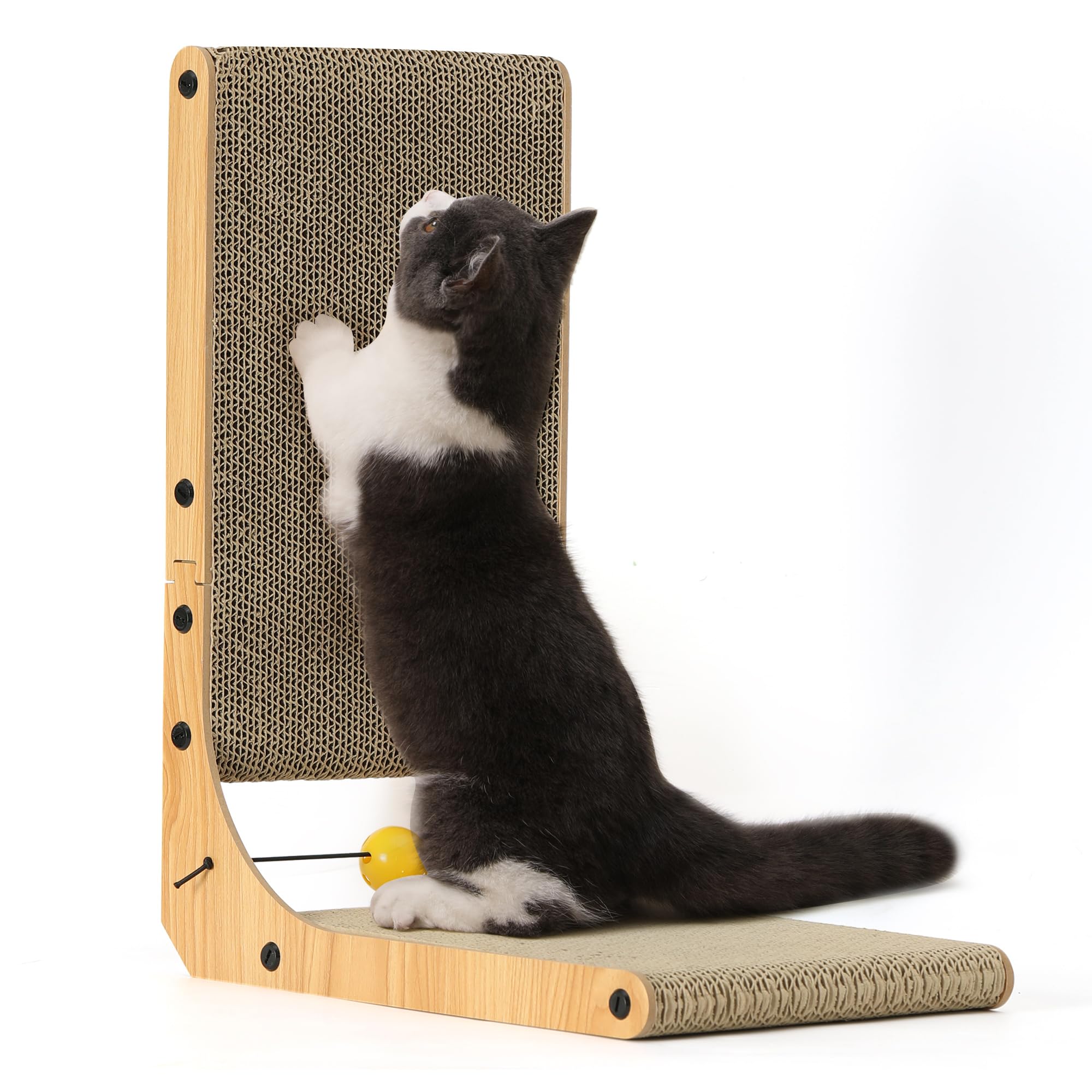 FUKUMARU Cat Scratcher, 26.8 Inch L Shaped Cat Scratch Pad for Indoor Cats | Vertical Cat Scratching Board with Ball Cat Toy, Cardboard Cat Scratcher for Wall Sofa Couch, Kitten Scratching Post, Large