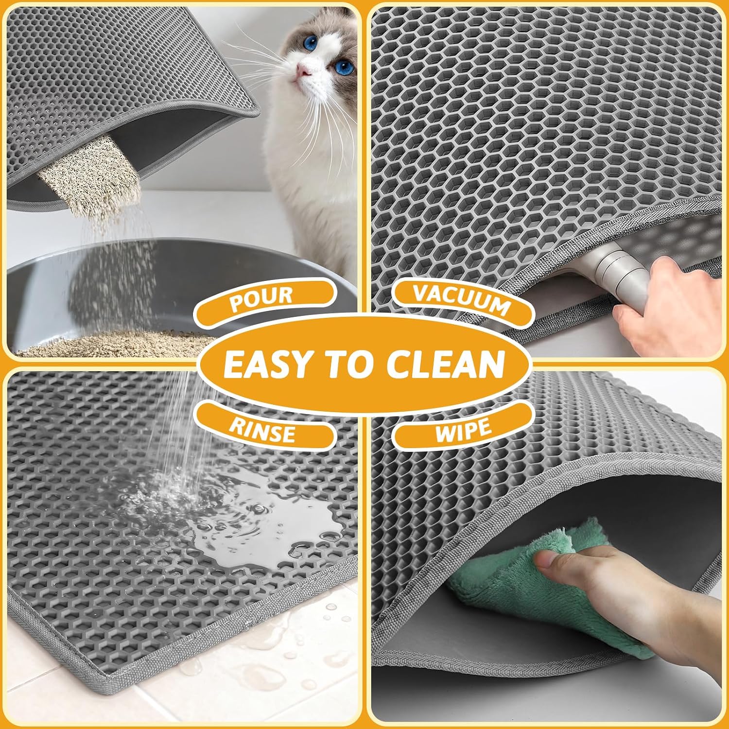 Pieviev Cat Litter Mat, Double-Layer Waterproof Litter Trap, 24" x 15" Gray | Honeycomb Design Catches Scattered Particles to Stop Tracking, Urineproof Base Protects Floors, Easy to Clean