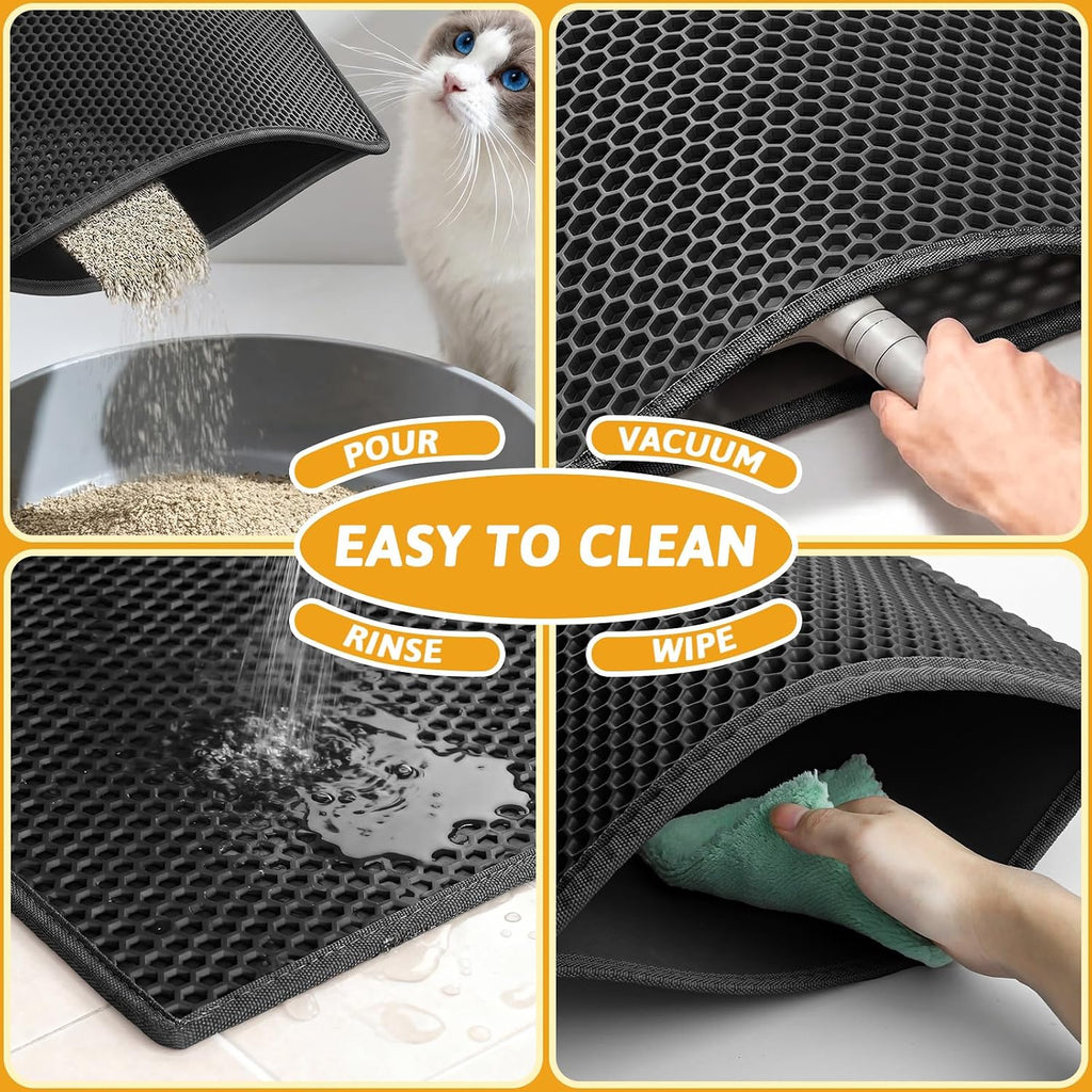 Pieviev Cat Litter Mat, Double-Layer Waterproof Litter Trap, 24" x 15" Gray | Honeycomb Design Catches Scattered Particles to Stop Tracking, Urineproof Base Protects Floors, Easy to Clean
