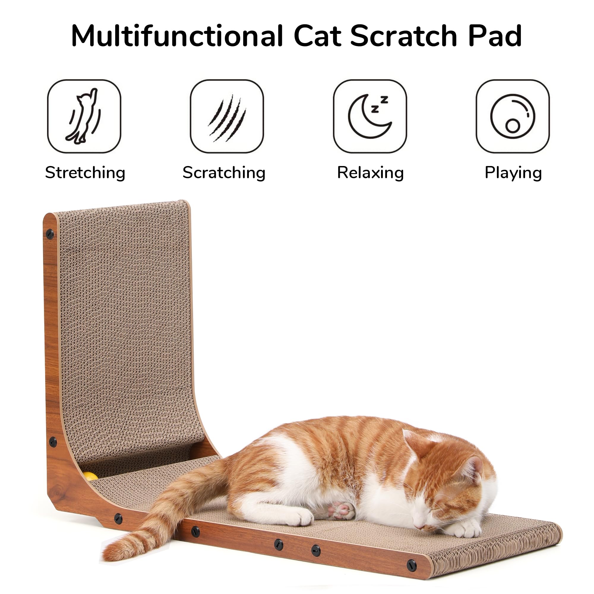 FUKUMARU Cat Scratcher, 26.8 Inch L Shaped Cat Scratch Pad for Indoor Cats | Vertical Cat Scratching Board with Ball Cat Toy, Cardboard Cat Scratcher for Wall Sofa Couch, Kitten Scratching Post, Large
