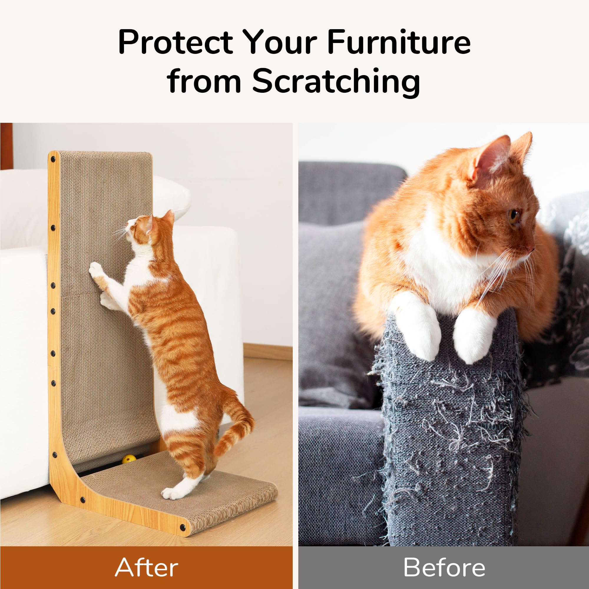 FUKUMARU Cat Scratcher, 26.8 Inch L Shaped Cat Scratch Pad for Indoor Cats | Vertical Cat Scratching Board with Ball Cat Toy, Cardboard Cat Scratcher for Wall Sofa Couch, Kitten Scratching Post, Large