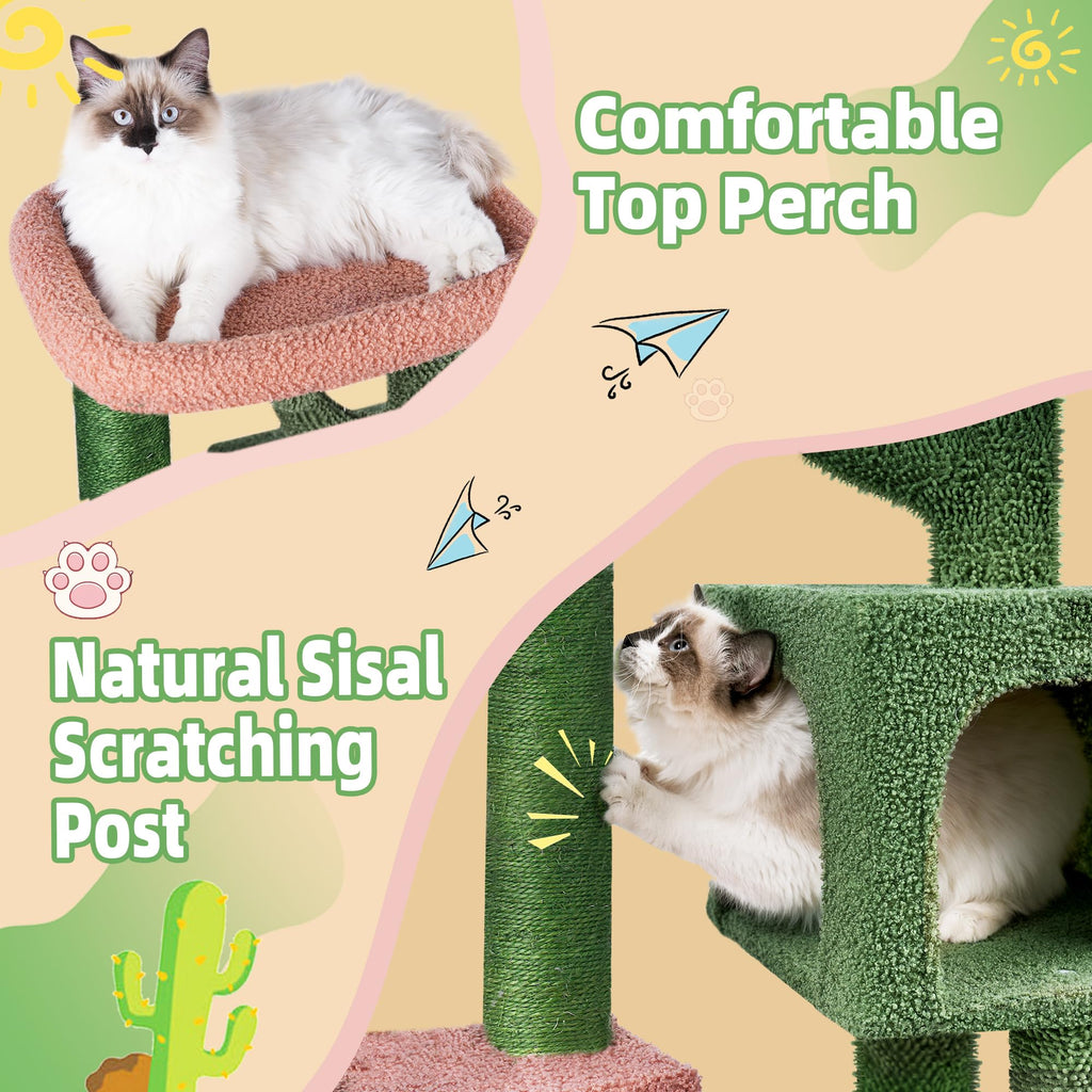AIWIKIDE 37.4" Cactus Cat Tree Tower with Twin Cat Condos for Indoor Cats, All-in-One Activity Center with Cat Scratching Post Cozy Sleeping Perch Hammock and Toy Balls,Green
