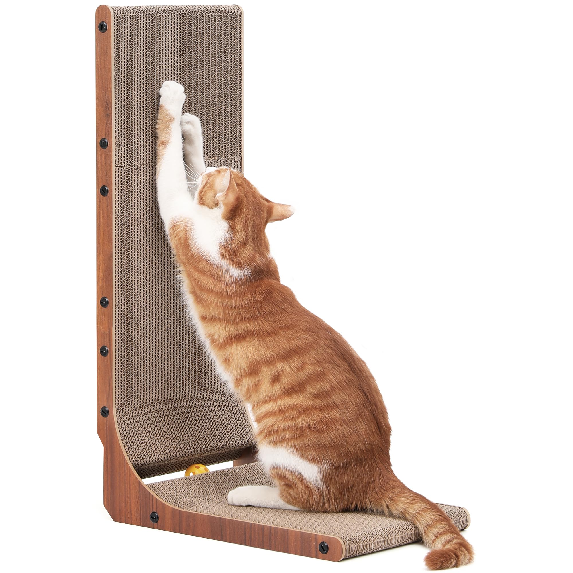 FUKUMARU Cat Scratcher, 26.8 Inch L Shaped Cat Scratch Pad for Indoor Cats | Vertical Cat Scratching Board with Ball Cat Toy, Cardboard Cat Scratcher for Wall Sofa Couch, Kitten Scratching Post, Large