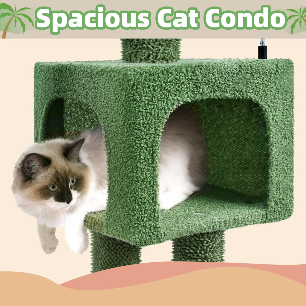 AIWIKIDE 37.4" Cactus Cat Tree Tower with Twin Cat Condos for Indoor Cats, All-in-One Activity Center with Cat Scratching Post Cozy Sleeping Perch Hammock and Toy Balls,Green