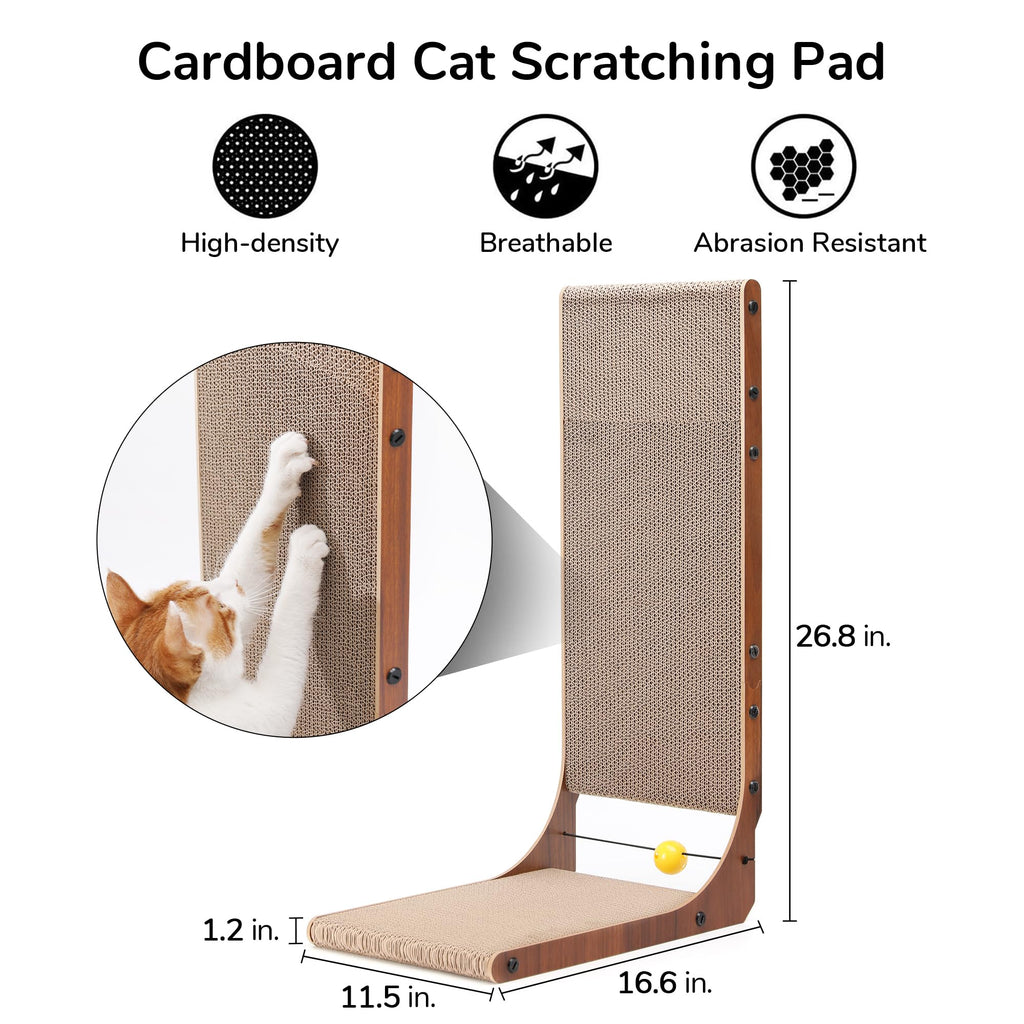 FUKUMARU Cat Scratcher, 26.8 Inch L Shaped Cat Scratch Pad for Indoor Cats | Vertical Cat Scratching Board with Ball Cat Toy, Cardboard Cat Scratcher for Wall Sofa Couch, Kitten Scratching Post, Large
