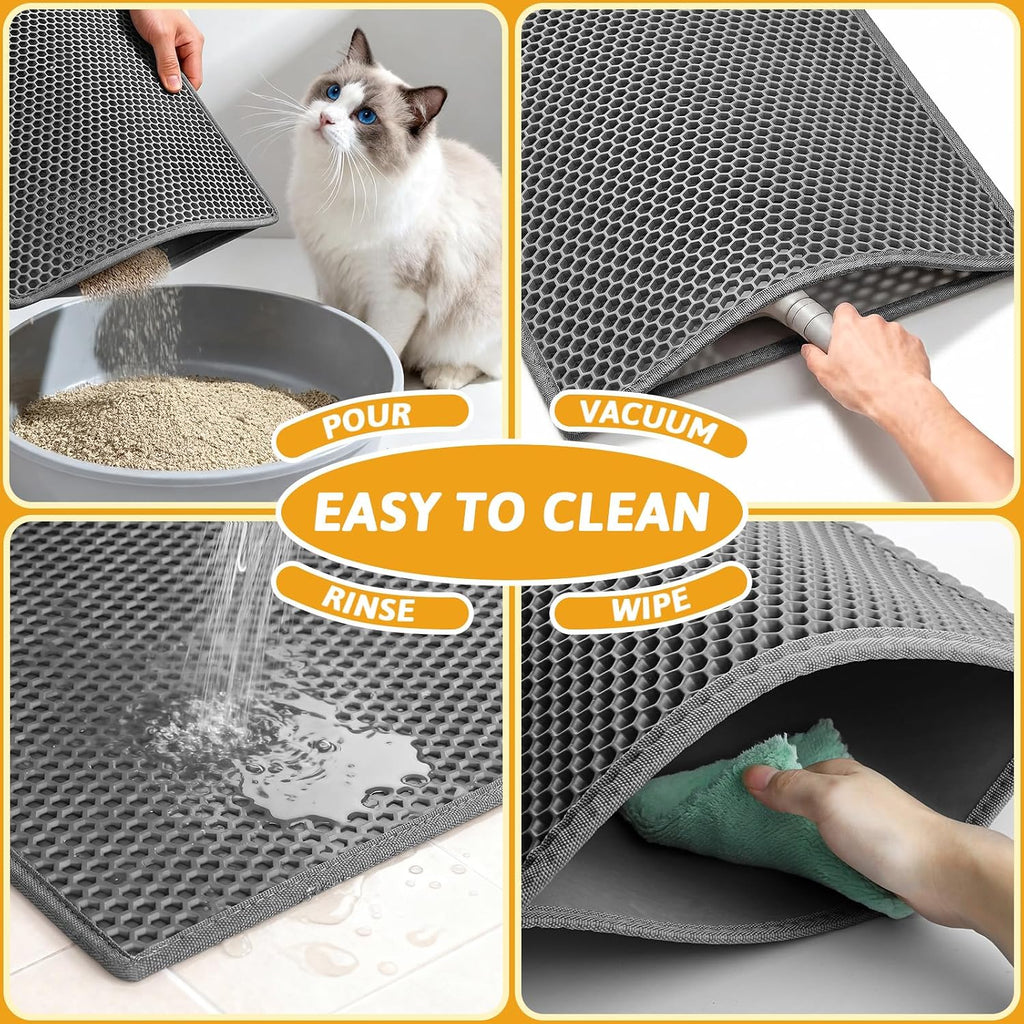 Pieviev Cat Litter Mat, Double-Layer Waterproof Litter Trap, 24" x 15" Gray | Honeycomb Design Catches Scattered Particles to Stop Tracking, Urineproof Base Protects Floors, Easy to Clean