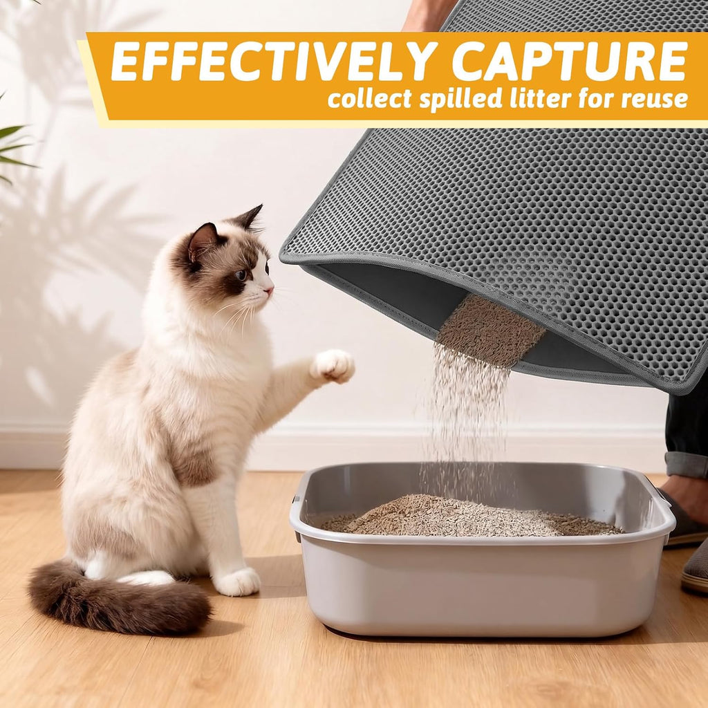 Pieviev Cat Litter Mat, Double-Layer Waterproof Litter Trap, 24" x 15" Gray | Honeycomb Design Catches Scattered Particles to Stop Tracking, Urineproof Base Protects Floors, Easy to Clean