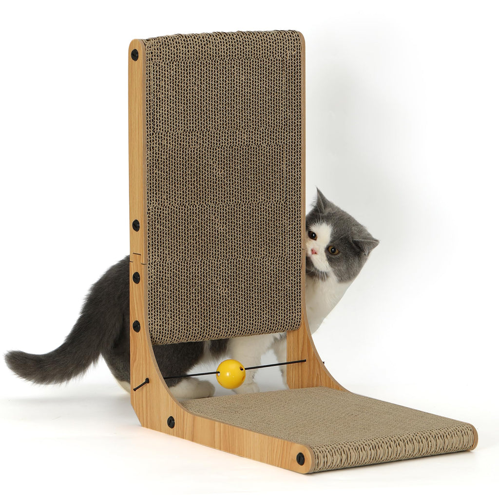 FUKUMARU Cat Scratcher, 26.8 Inch L Shaped Cat Scratch Pad for Indoor Cats | Vertical Cat Scratching Board with Ball Cat Toy, Cardboard Cat Scratcher for Wall Sofa Couch, Kitten Scratching Post, Large