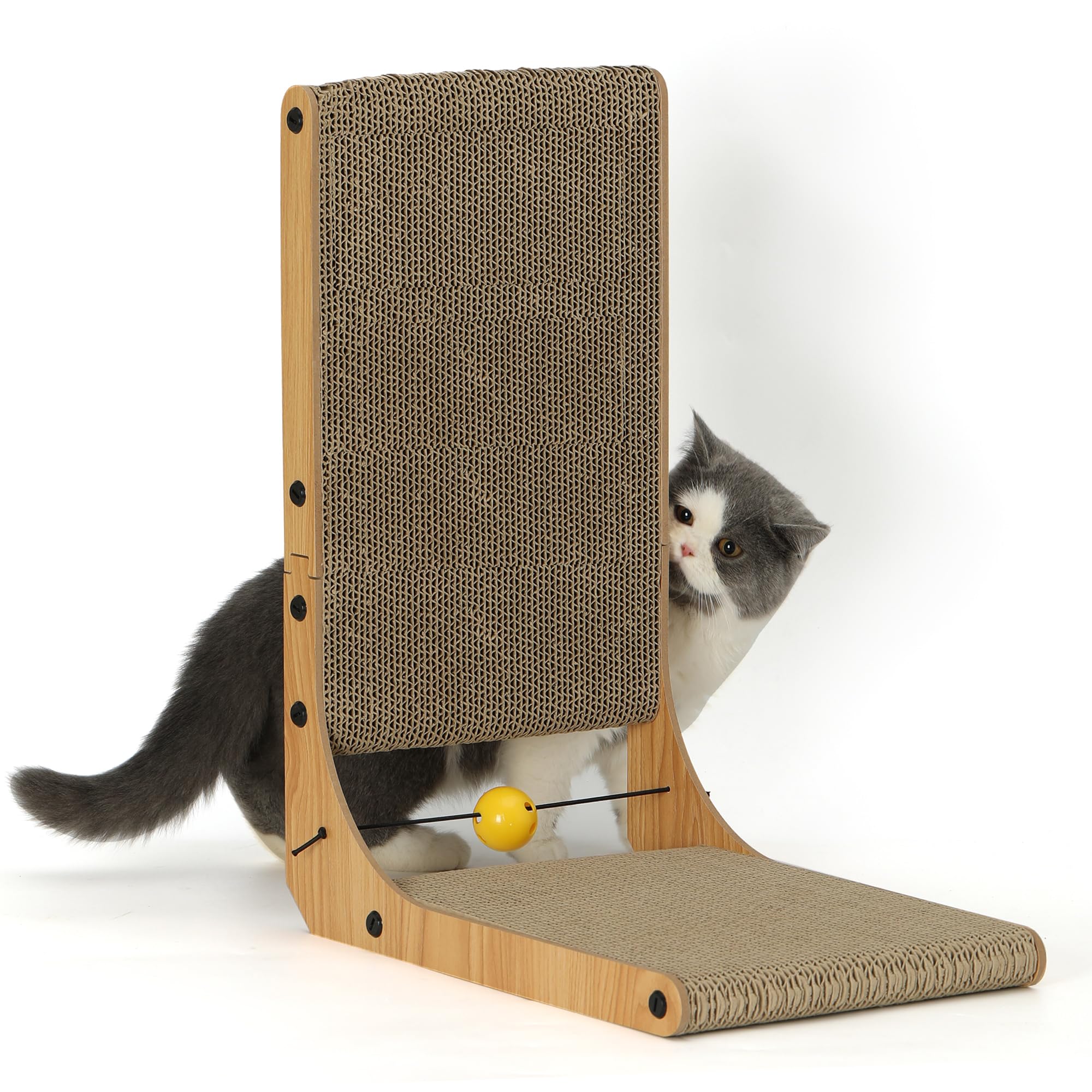 FUKUMARU Cat Scratcher, 26.8 Inch L Shaped Cat Scratch Pad for Indoor Cats | Vertical Cat Scratching Board with Ball Cat Toy, Cardboard Cat Scratcher for Wall Sofa Couch, Kitten Scratching Post, Large
