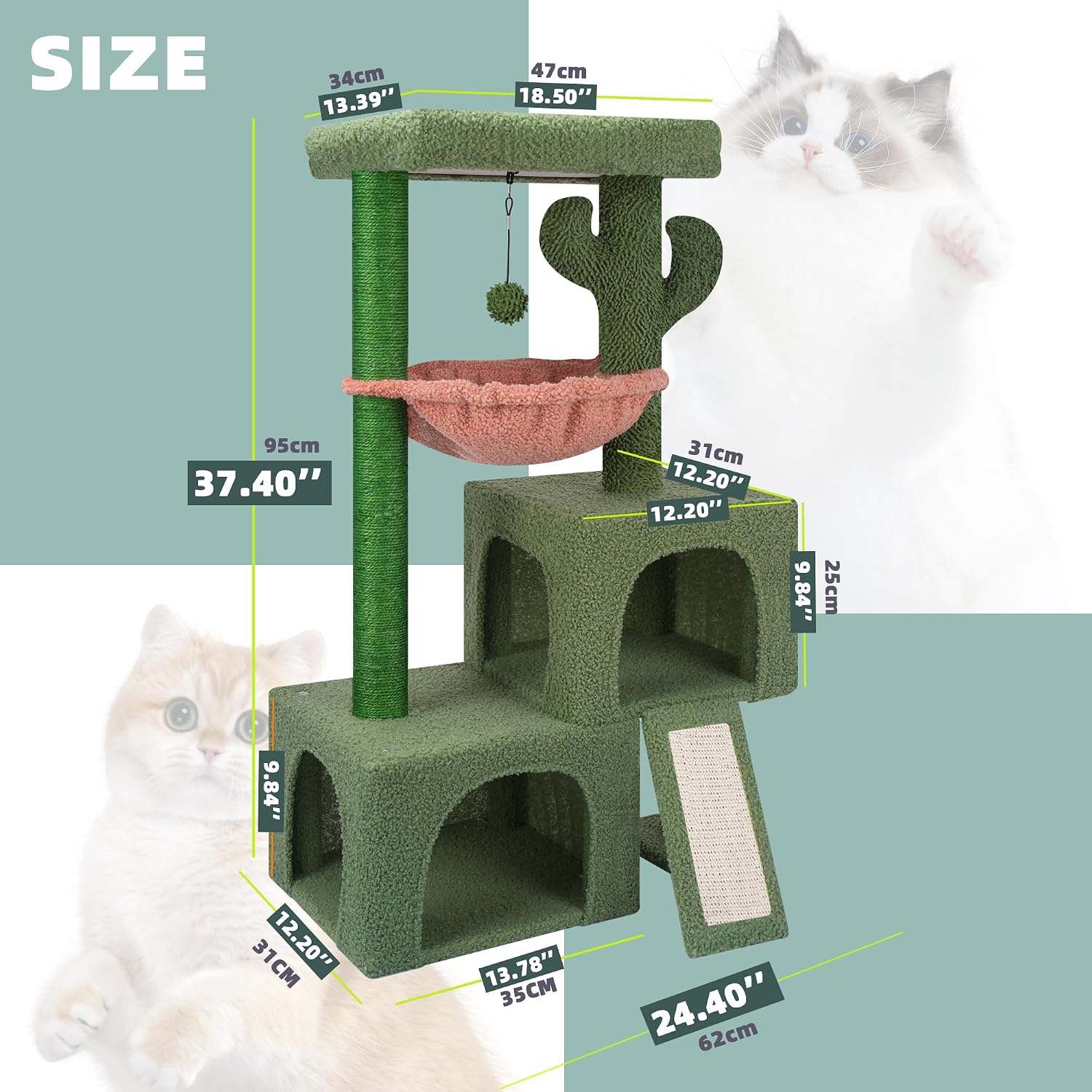 AIWIKIDE 37.4" Cactus Cat Tree Tower with Twin Cat Condos for Indoor Cats, All-in-One Activity Center with Cat Scratching Post Cozy Sleeping Perch Hammock and Toy Balls,Green