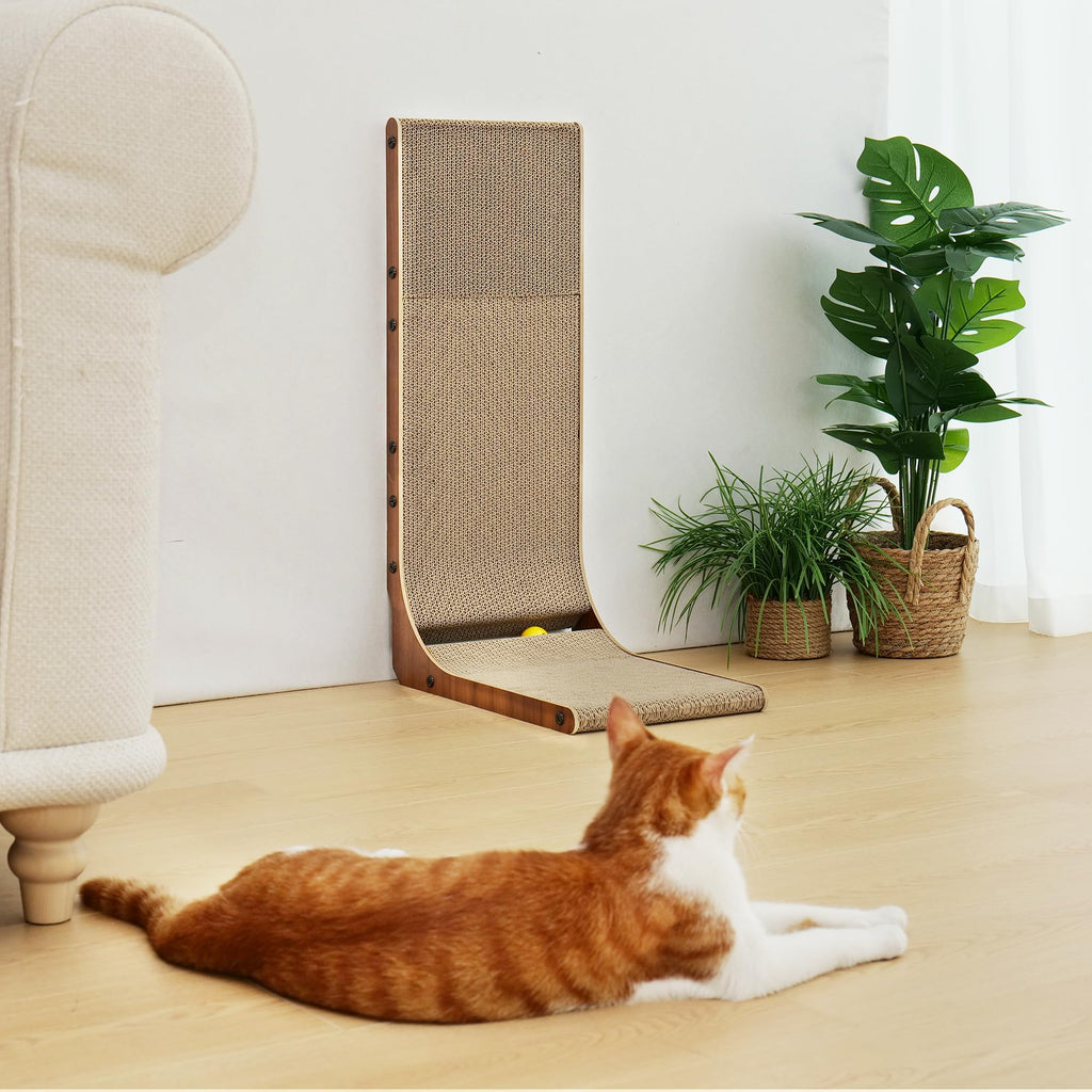 FUKUMARU Cat Scratcher, 26.8 Inch L Shaped Cat Scratch Pad for Indoor Cats | Vertical Cat Scratching Board with Ball Cat Toy, Cardboard Cat Scratcher for Wall Sofa Couch, Kitten Scratching Post, Large