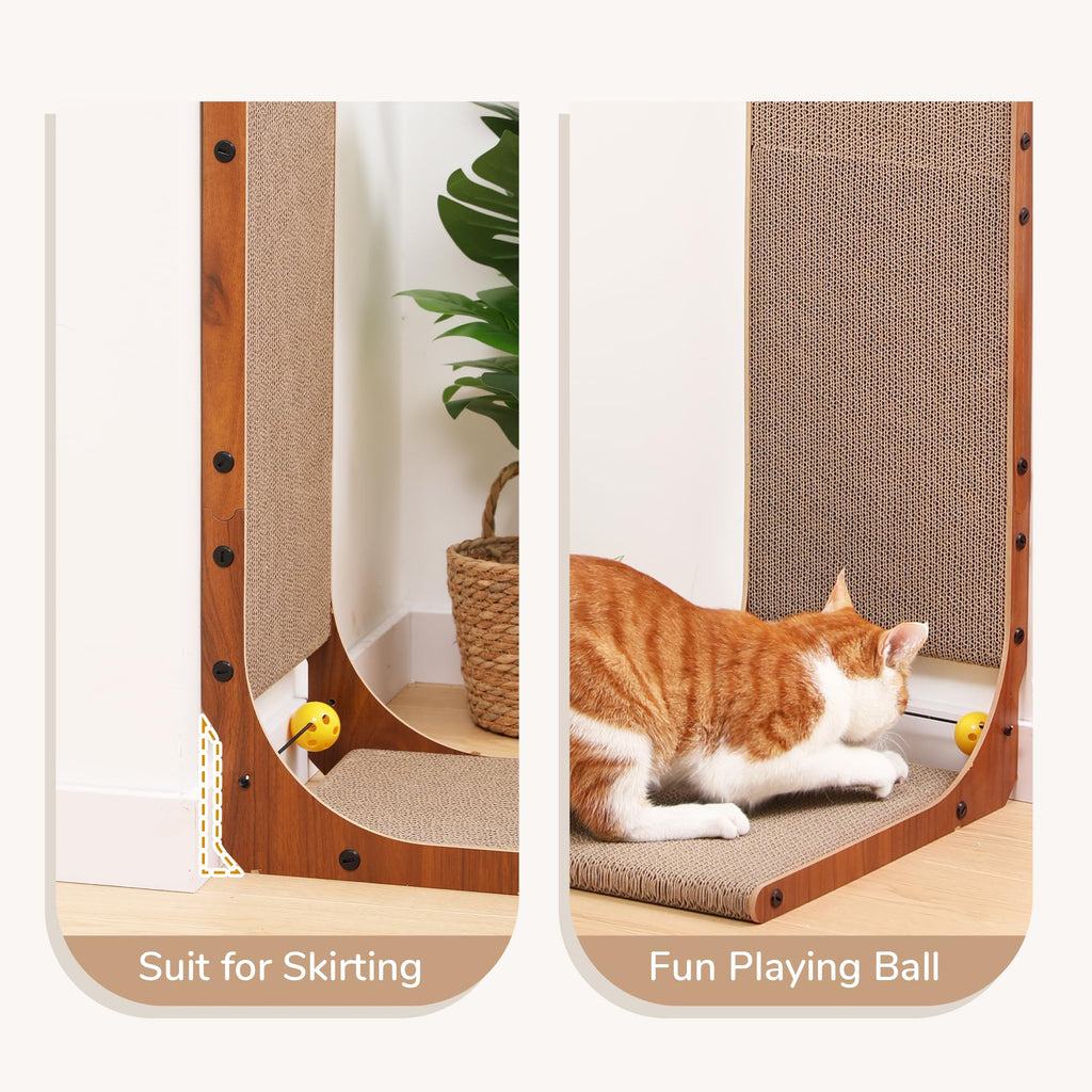 FUKUMARU Cat Scratcher, 26.8 Inch L Shaped Cat Scratch Pad for Indoor Cats | Vertical Cat Scratching Board with Ball Cat Toy, Cardboard Cat Scratcher for Wall Sofa Couch, Kitten Scratching Post, Large