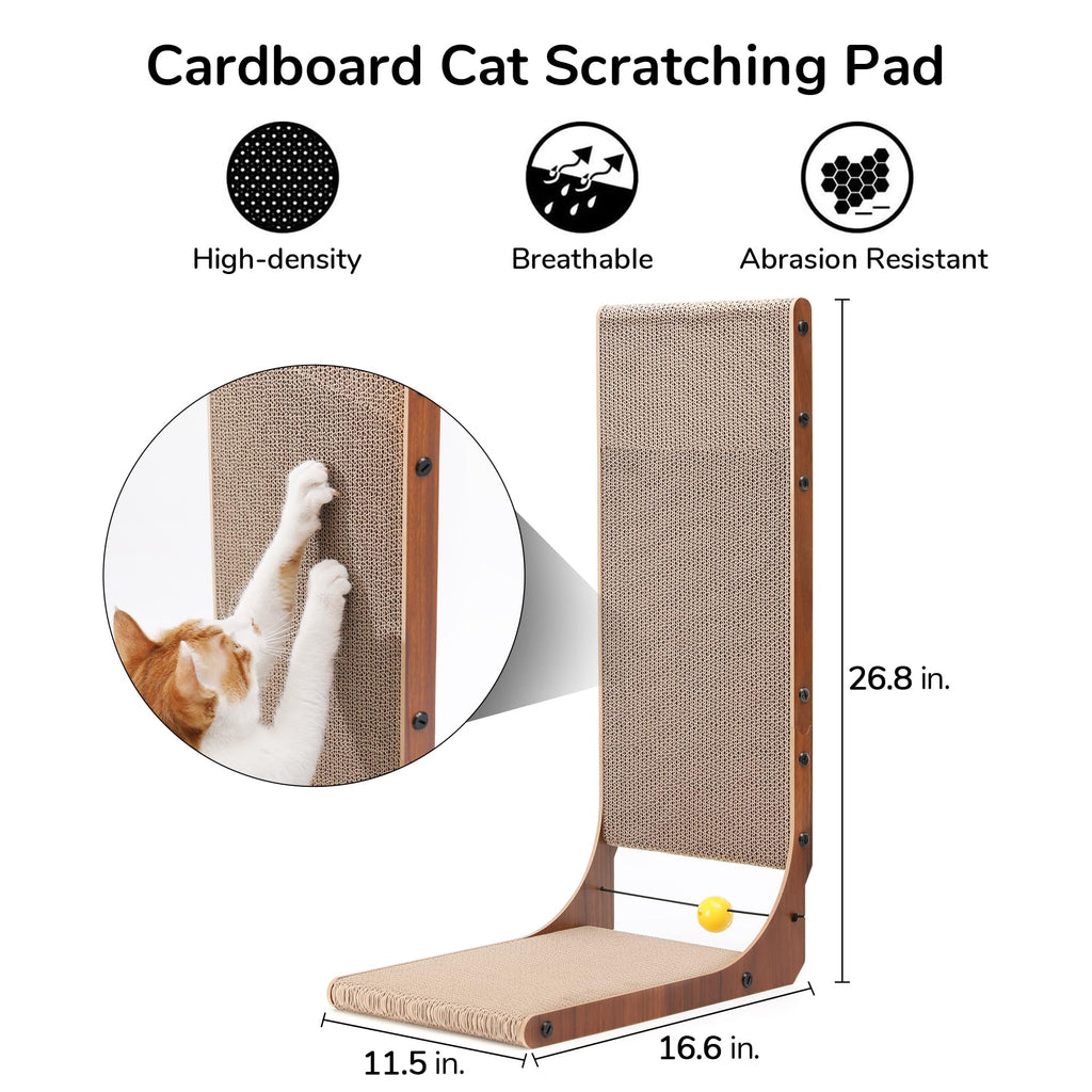 FUKUMARU Cat Scratcher, 26.8 Inch L Shaped Cat Scratch Pad for Indoor Cats | Vertical Cat Scratching Board with Ball Cat Toy, Cardboard Cat Scratcher for Wall Sofa Couch, Kitten Scratching Post, Large