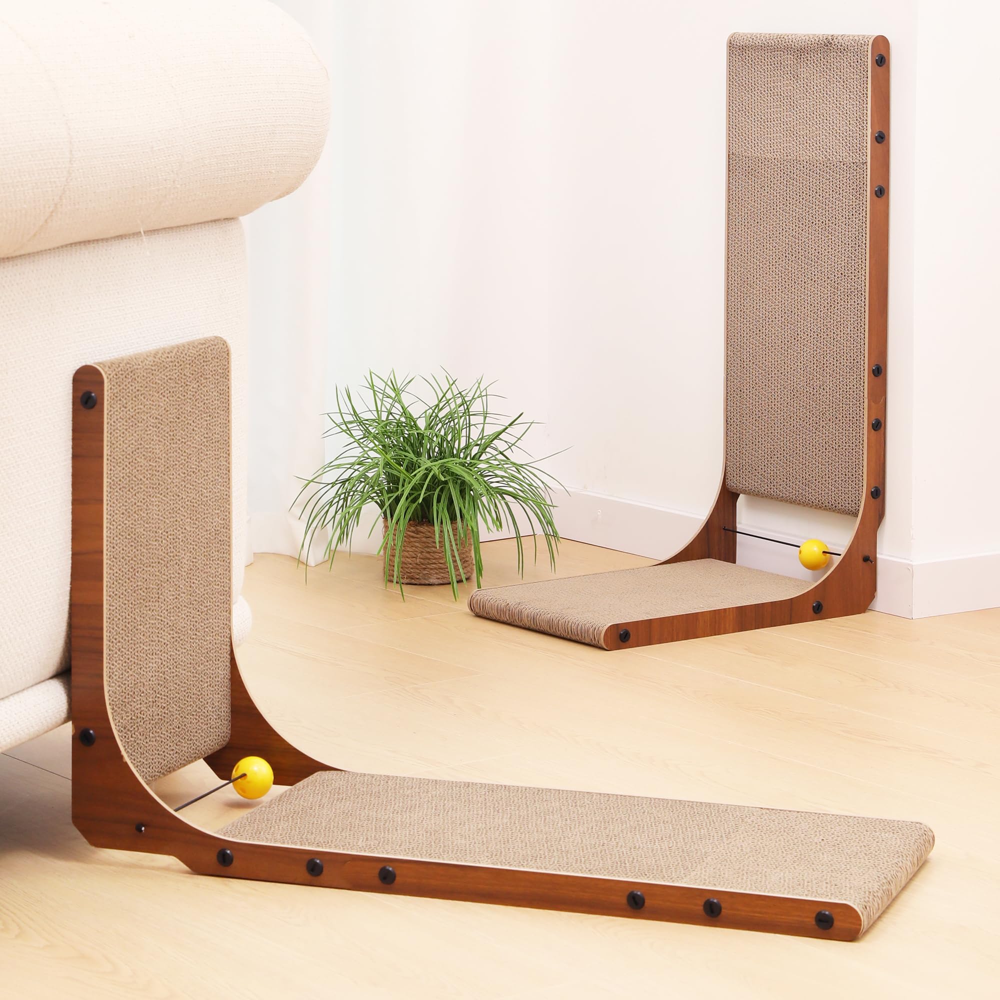 FUKUMARU Cat Scratcher, 26.8 Inch L Shaped Cat Scratch Pad for Indoor Cats | Vertical Cat Scratching Board with Ball Cat Toy, Cardboard Cat Scratcher for Wall Sofa Couch, Kitten Scratching Post, Large