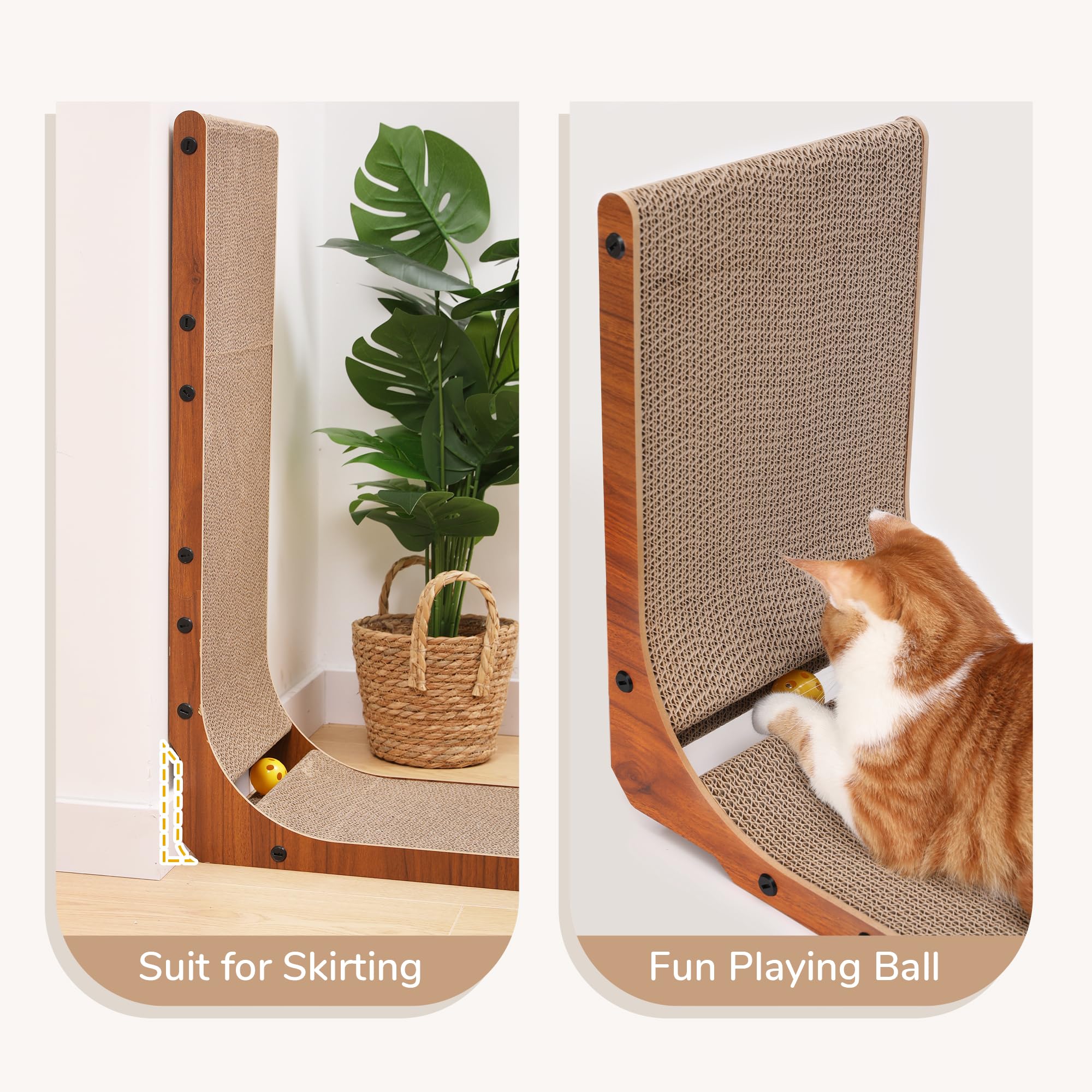 FUKUMARU Cat Scratcher, 26.8 Inch L Shaped Cat Scratch Pad for Indoor Cats | Vertical Cat Scratching Board with Ball Cat Toy, Cardboard Cat Scratcher for Wall Sofa Couch, Kitten Scratching Post, Large
