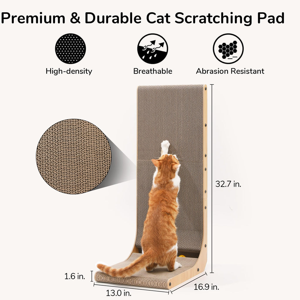 FUKUMARU Cat Scratcher, 26.8 Inch L Shaped Cat Scratch Pad for Indoor Cats | Vertical Cat Scratching Board with Ball Cat Toy, Cardboard Cat Scratcher for Wall Sofa Couch, Kitten Scratching Post, Large