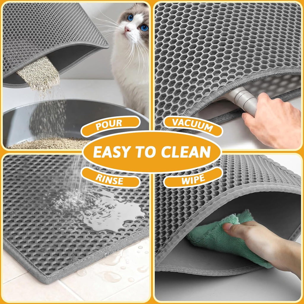 Pieviev Cat Litter Mat, Double-Layer Waterproof Litter Trap, 24" x 15" Gray | Honeycomb Design Catches Scattered Particles to Stop Tracking, Urineproof Base Protects Floors, Easy to Clean
