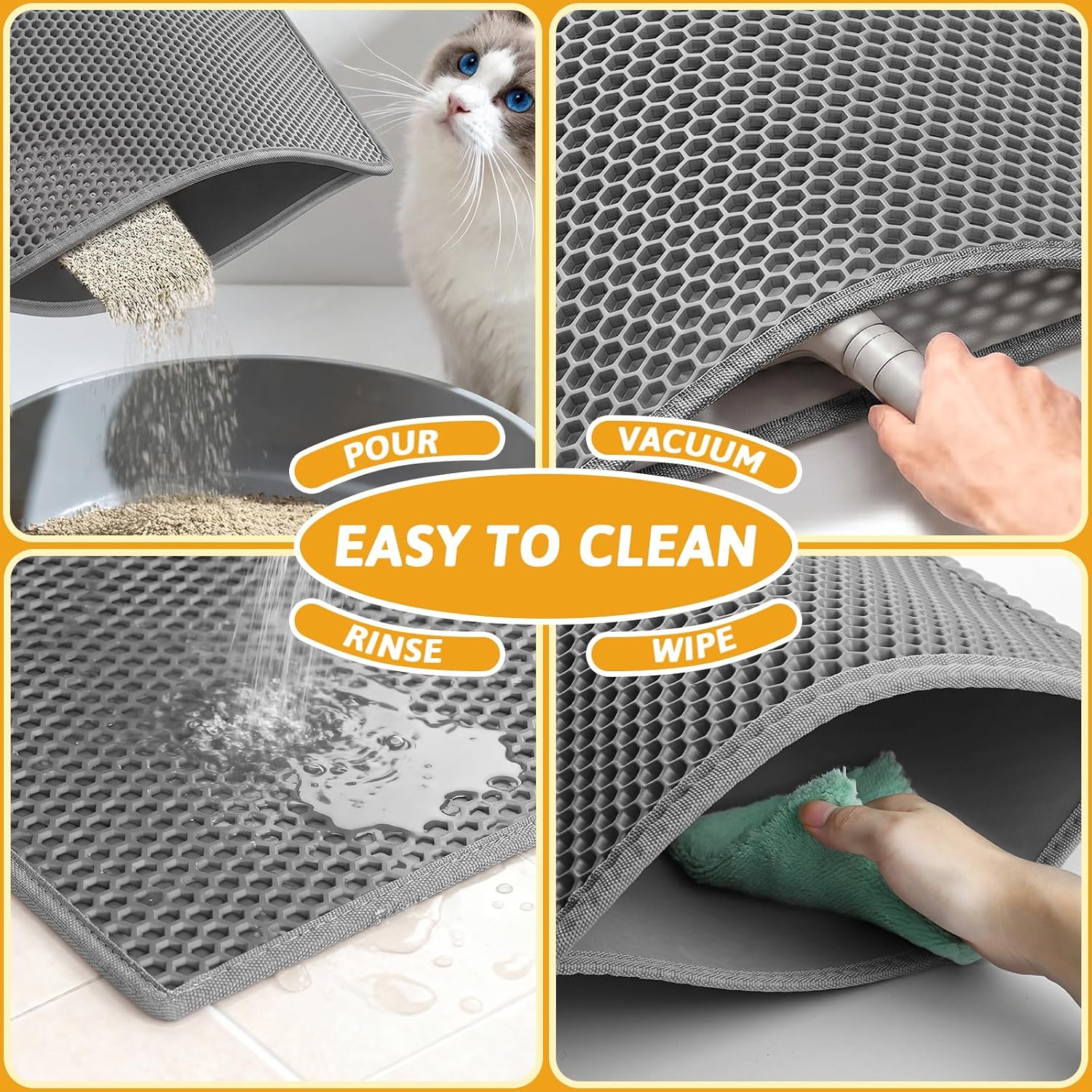 Pieviev Cat Litter Mat, Double-Layer Waterproof Litter Trap, 24" x 15" Gray | Honeycomb Design Catches Scattered Particles to Stop Tracking, Urineproof Base Protects Floors, Easy to Clean