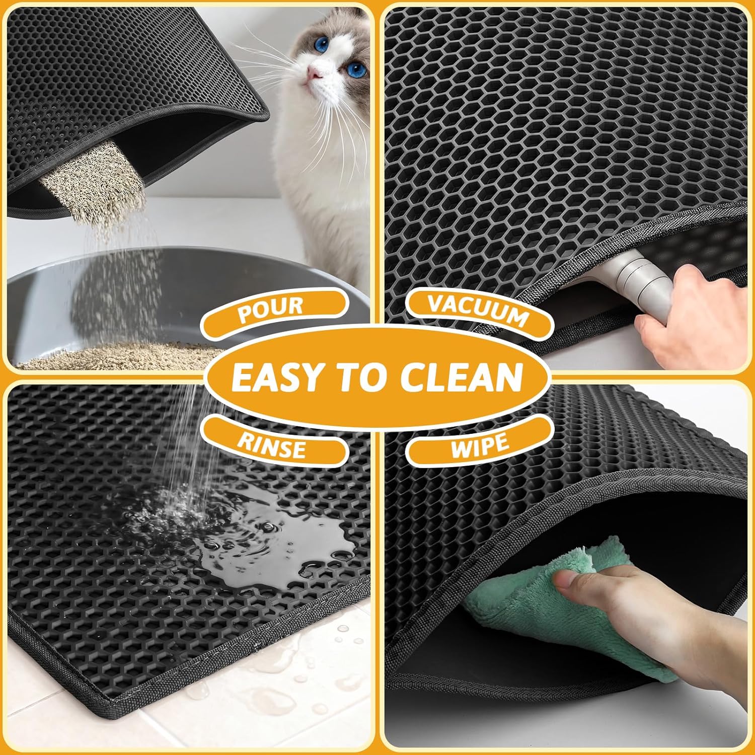 Pieviev Cat Litter Mat, Double-Layer Waterproof Litter Trap, 24" x 15" Gray | Honeycomb Design Catches Scattered Particles to Stop Tracking, Urineproof Base Protects Floors, Easy to Clean