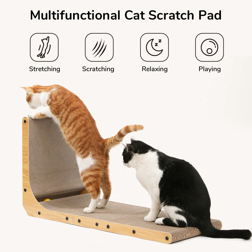 FUKUMARU Cat Scratcher, 26.8 Inch L Shaped Cat Scratch Pad for Indoor Cats | Vertical Cat Scratching Board with Ball Cat Toy, Cardboard Cat Scratcher for Wall Sofa Couch, Kitten Scratching Post, Large