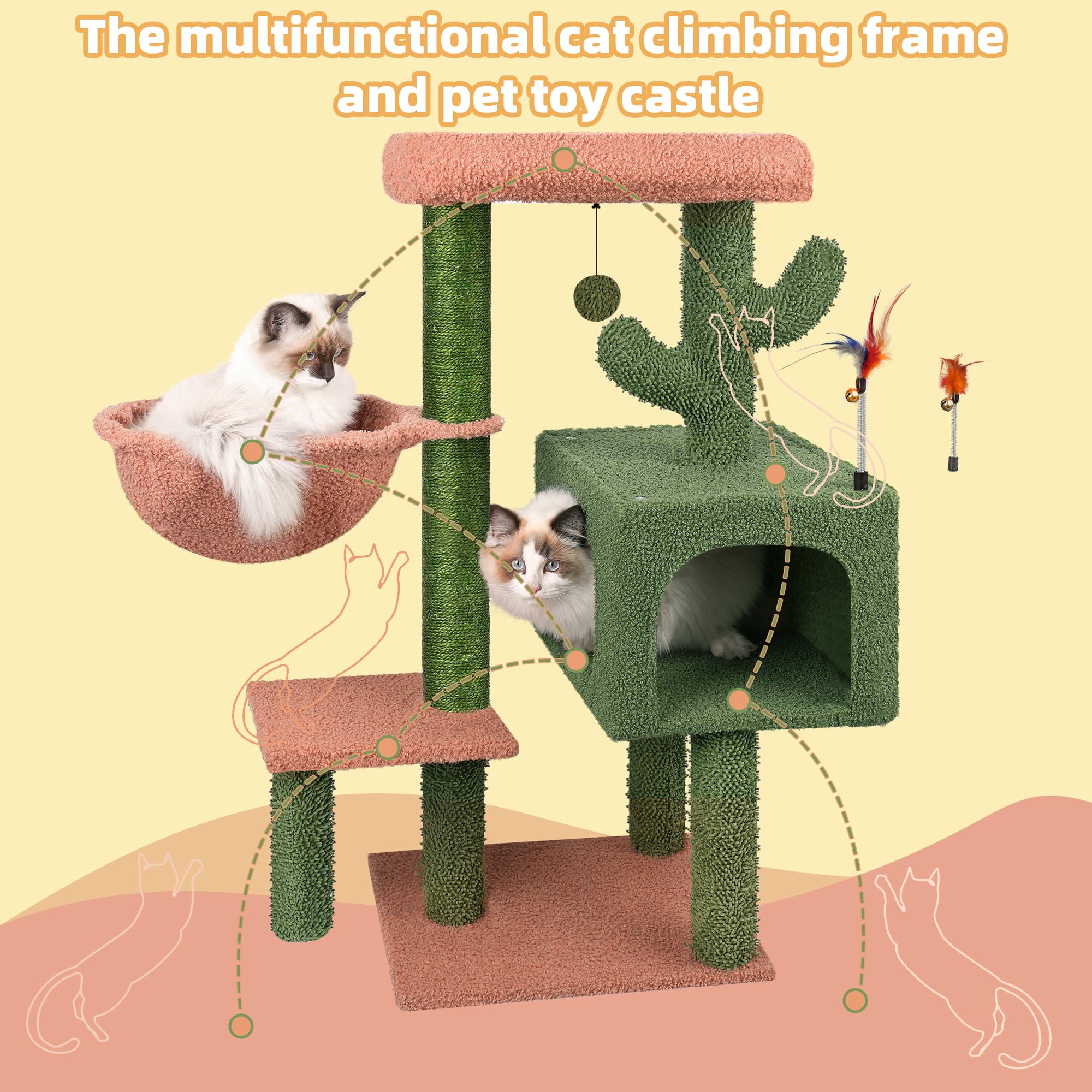 AIWIKIDE 37.4" Cactus Cat Tree Tower with Twin Cat Condos for Indoor Cats, All-in-One Activity Center with Cat Scratching Post Cozy Sleeping Perch Hammock and Toy Balls,Green