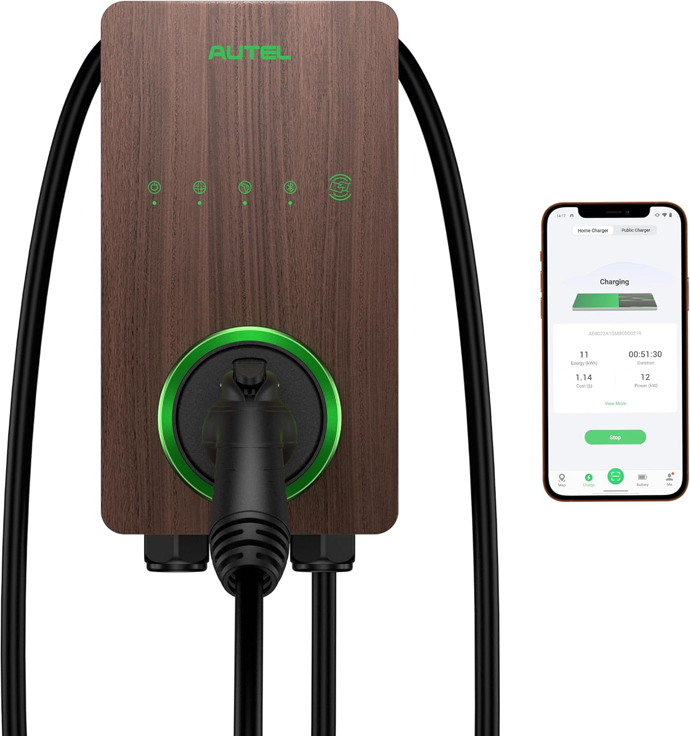 Autel Home Smart Electric Vehicle (EV) Charger up to 50Amp, 240V, Indoor/Outdoor Car Charging Station with Level 2, Wi-Fi and Bluetooth Enabled EVSE, 25-Foot Cable,Wood Grain