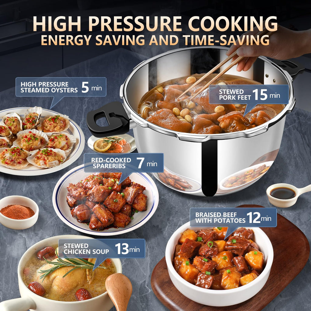 Stainless Steel Pressure Cooker, Peterboo 4 Quart Induction Compatible Thickened Pressure Cooker with Spring Valve Safeguard Devices, Compatible with Gas & Induction Cooker 2-3 Members Use