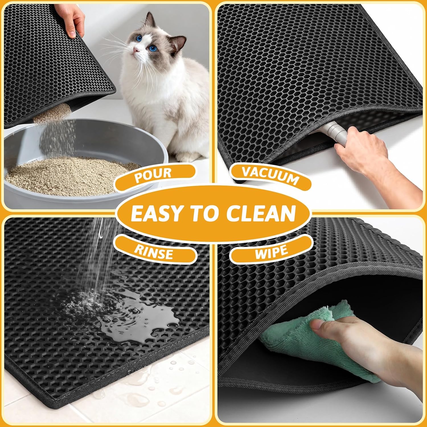Pieviev Cat Litter Mat, Double-Layer Waterproof Litter Trap, 24" x 15" Gray | Honeycomb Design Catches Scattered Particles to Stop Tracking, Urineproof Base Protects Floors, Easy to Clean
