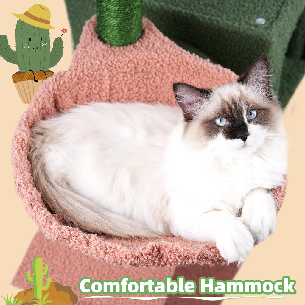 AIWIKIDE 37.4" Cactus Cat Tree Tower with Twin Cat Condos for Indoor Cats, All-in-One Activity Center with Cat Scratching Post Cozy Sleeping Perch Hammock and Toy Balls,Green