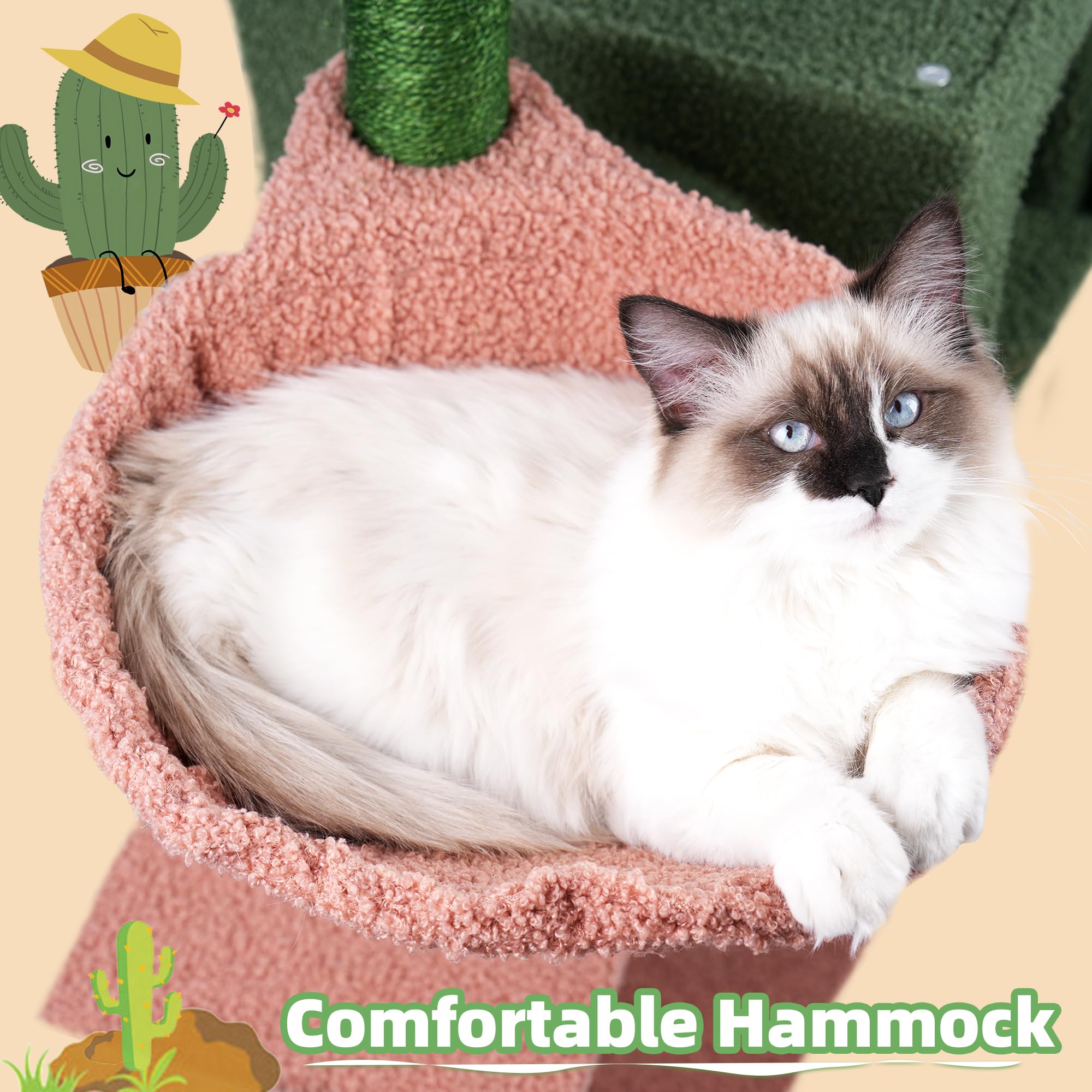 AIWIKIDE 37.4" Cactus Cat Tree Tower with Twin Cat Condos for Indoor Cats, All-in-One Activity Center with Cat Scratching Post Cozy Sleeping Perch Hammock and Toy Balls,Green