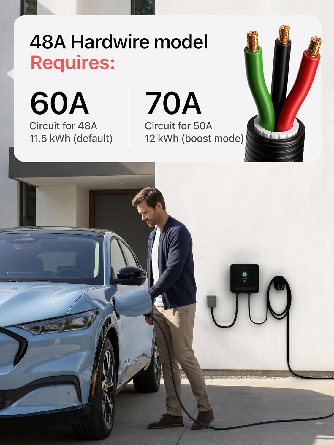Level 2 EV Charger J1772 48A - Hardwired 240V Wall Charging Station | up to 50 mph, 25ft Cable, Enhanced WiFi (2.4GHz), Smart App, Weatherproof Indoor/Outdoor (IP66, NEMA 4), UL & ETL Certified