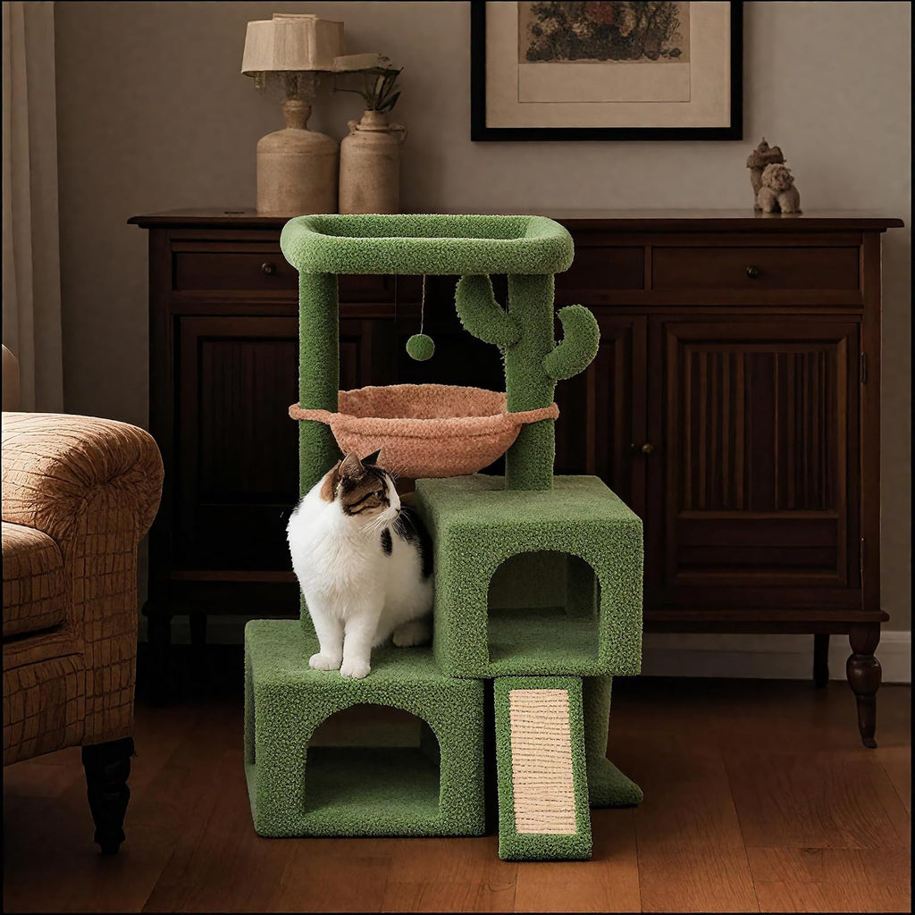 AIWIKIDE 37.4" Cactus Cat Tree Tower with Twin Cat Condos for Indoor Cats, All-in-One Activity Center with Cat Scratching Post Cozy Sleeping Perch Hammock and Toy Balls,Green