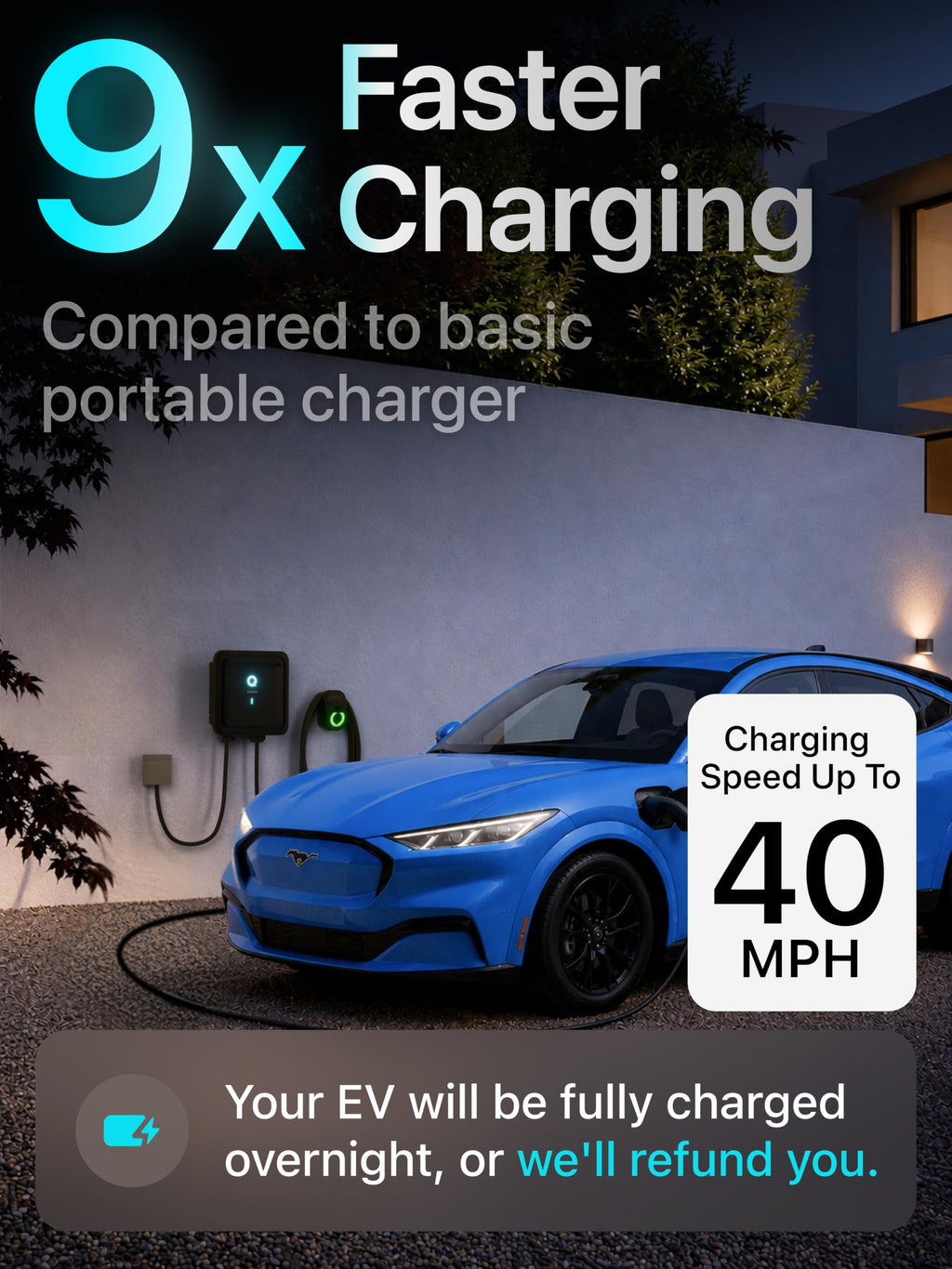 Level 2 EV Charger J1772 48A - Hardwired 240V Wall Charging Station | up to 50 mph, 25ft Cable, Enhanced WiFi (2.4GHz), Smart App, Weatherproof Indoor/Outdoor (IP66, NEMA 4), UL & ETL Certified