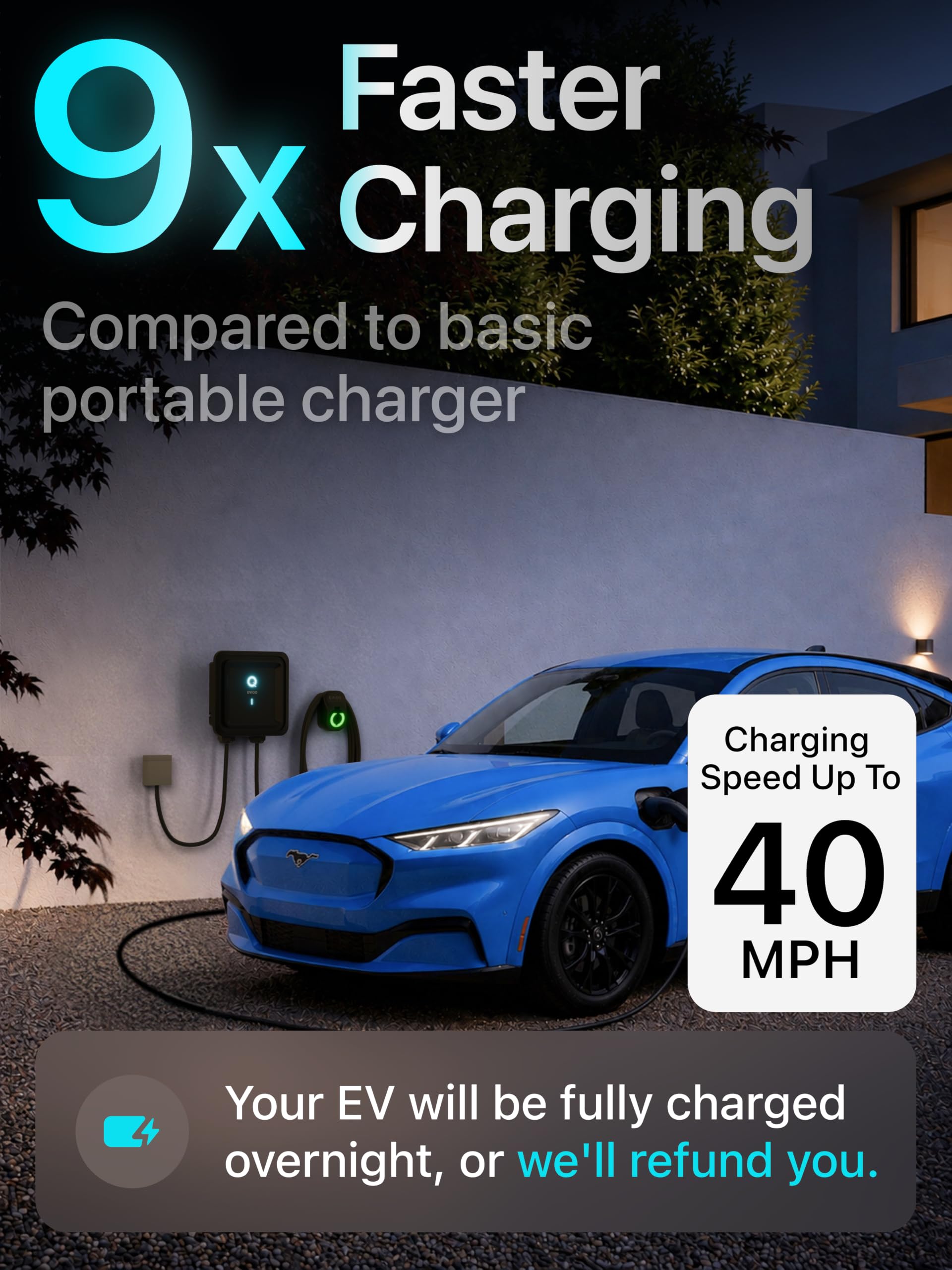 Level 2 EV Charger J1772 48A - Hardwired 240V Wall Charging Station | up to 50 mph, 25ft Cable, Enhanced WiFi (2.4GHz), Smart App, Weatherproof Indoor/Outdoor (IP66, NEMA 4), UL & ETL Certified