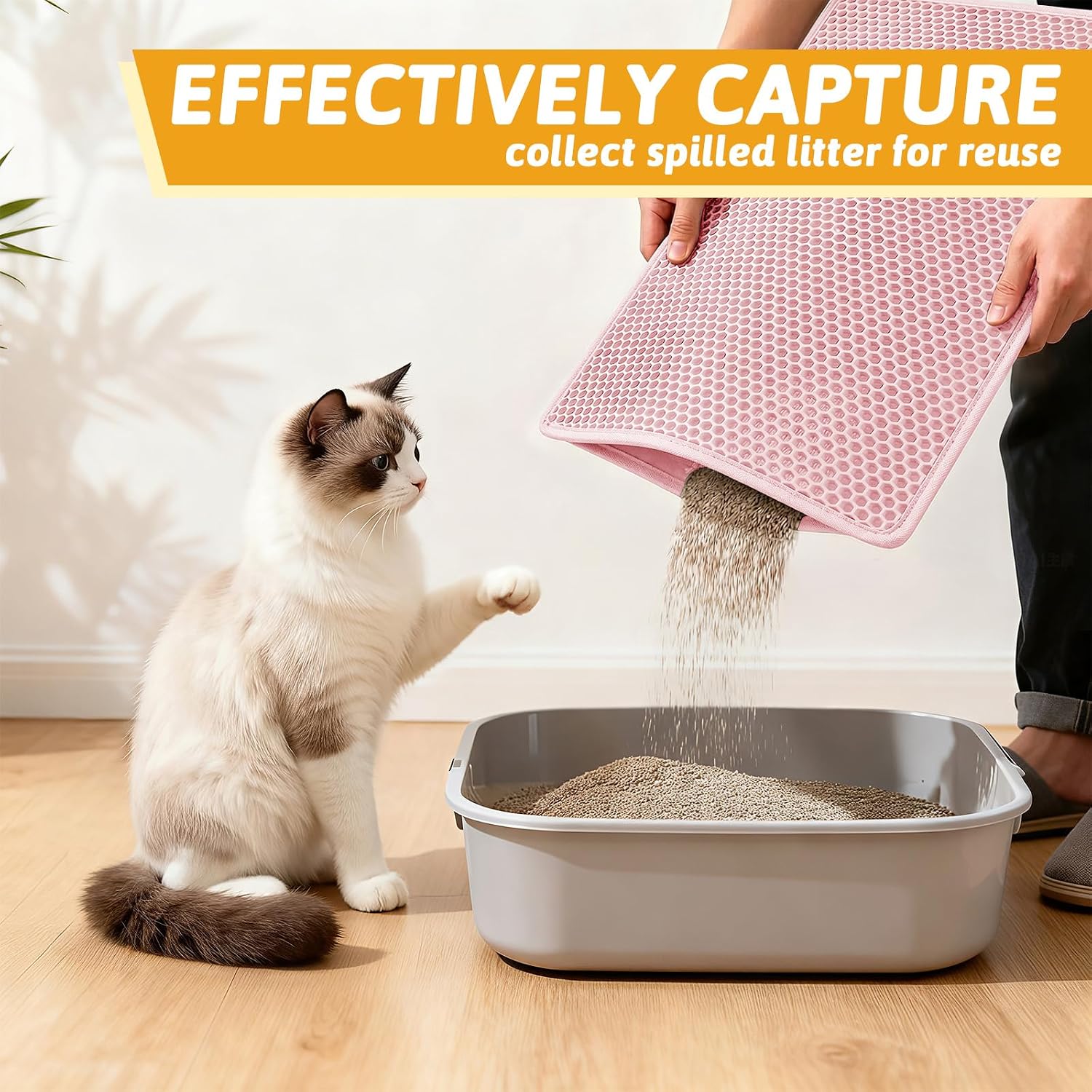 Pieviev Cat Litter Mat, Double-Layer Waterproof Litter Trap, 24" x 15" Gray | Honeycomb Design Catches Scattered Particles to Stop Tracking, Urineproof Base Protects Floors, Easy to Clean