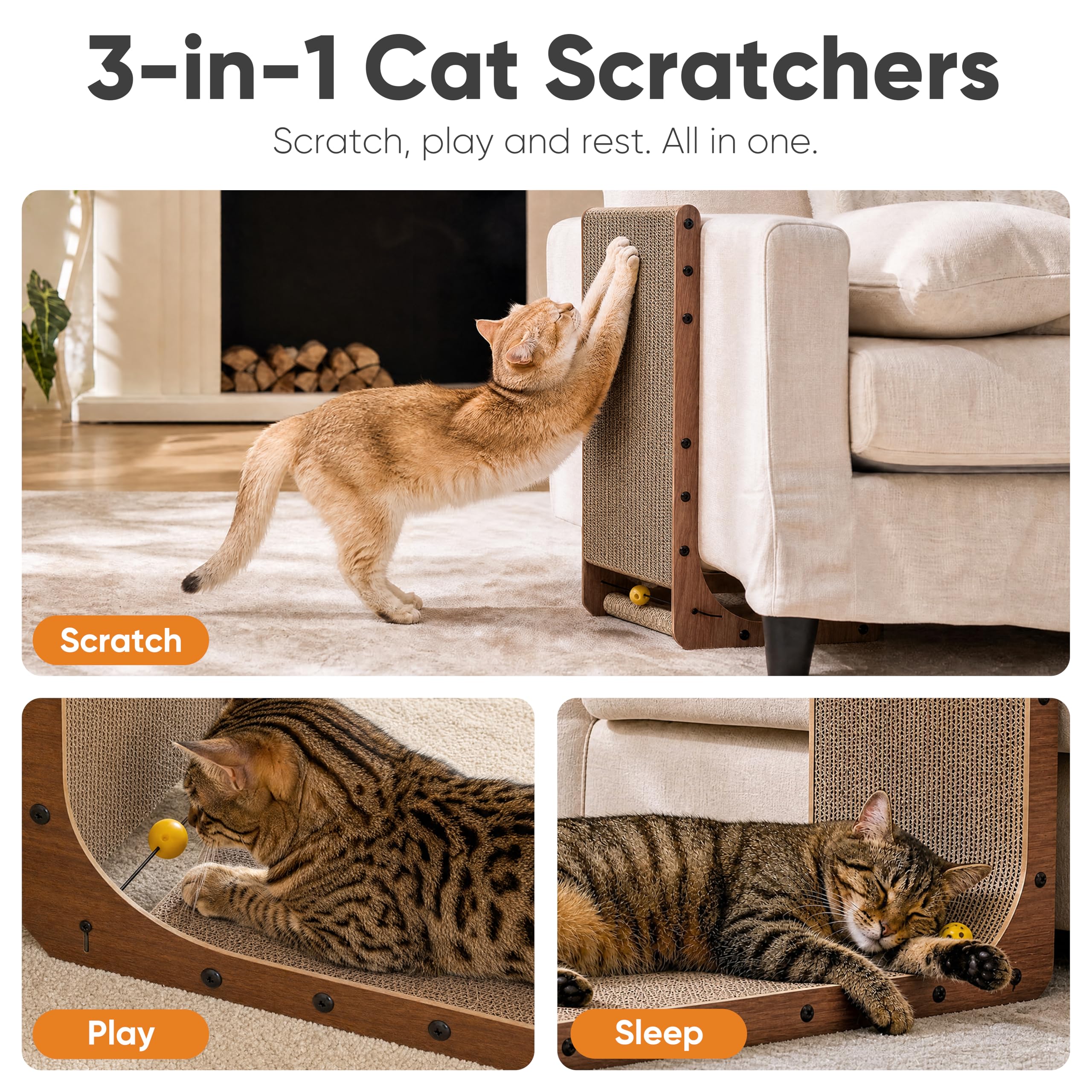 FUKUMARU Cat Scratcher, 26.8 Inch L Shaped Cat Scratch Pad for Indoor Cats | Vertical Cat Scratching Board with Ball Cat Toy, Cardboard Cat Scratcher for Wall Sofa Couch, Kitten Scratching Post, Large