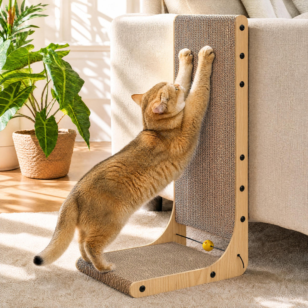 FUKUMARU Cat Scratcher, 26.8 Inch L Shaped Cat Scratch Pad for Indoor Cats | Vertical Cat Scratching Board with Ball Cat Toy, Cardboard Cat Scratcher for Wall Sofa Couch, Kitten Scratching Post, Large