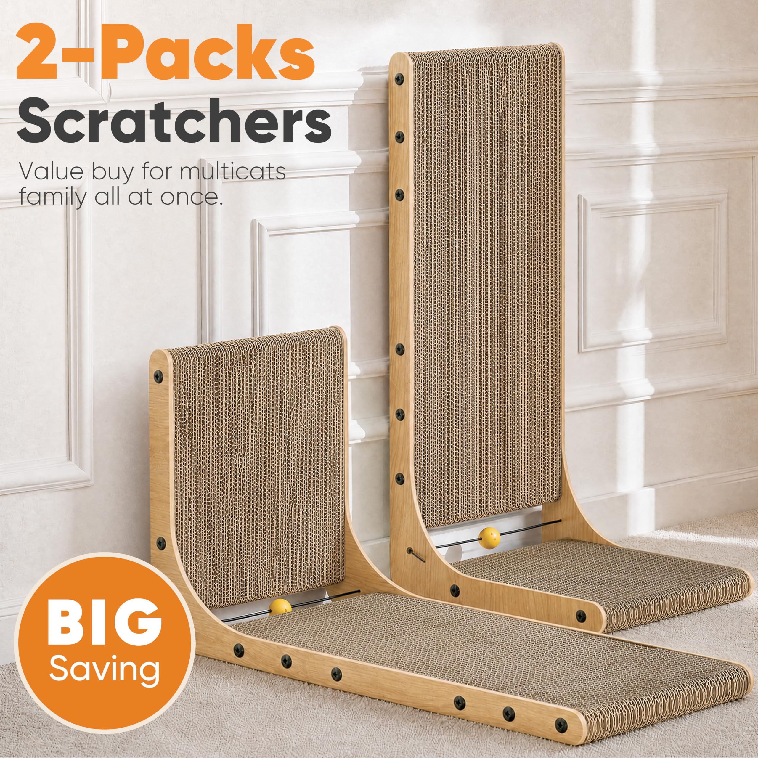 FUKUMARU Cat Scratcher, 26.8 Inch L Shaped Cat Scratch Pad for Indoor Cats | Vertical Cat Scratching Board with Ball Cat Toy, Cardboard Cat Scratcher for Wall Sofa Couch, Kitten Scratching Post, Large