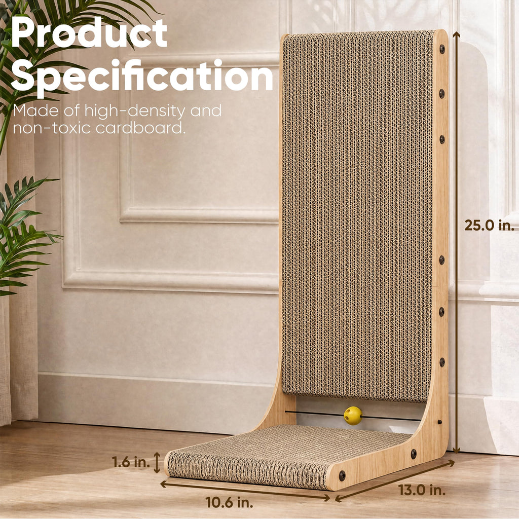 FUKUMARU Cat Scratcher, 26.8 Inch L Shaped Cat Scratch Pad for Indoor Cats | Vertical Cat Scratching Board with Ball Cat Toy, Cardboard Cat Scratcher for Wall Sofa Couch, Kitten Scratching Post, Large