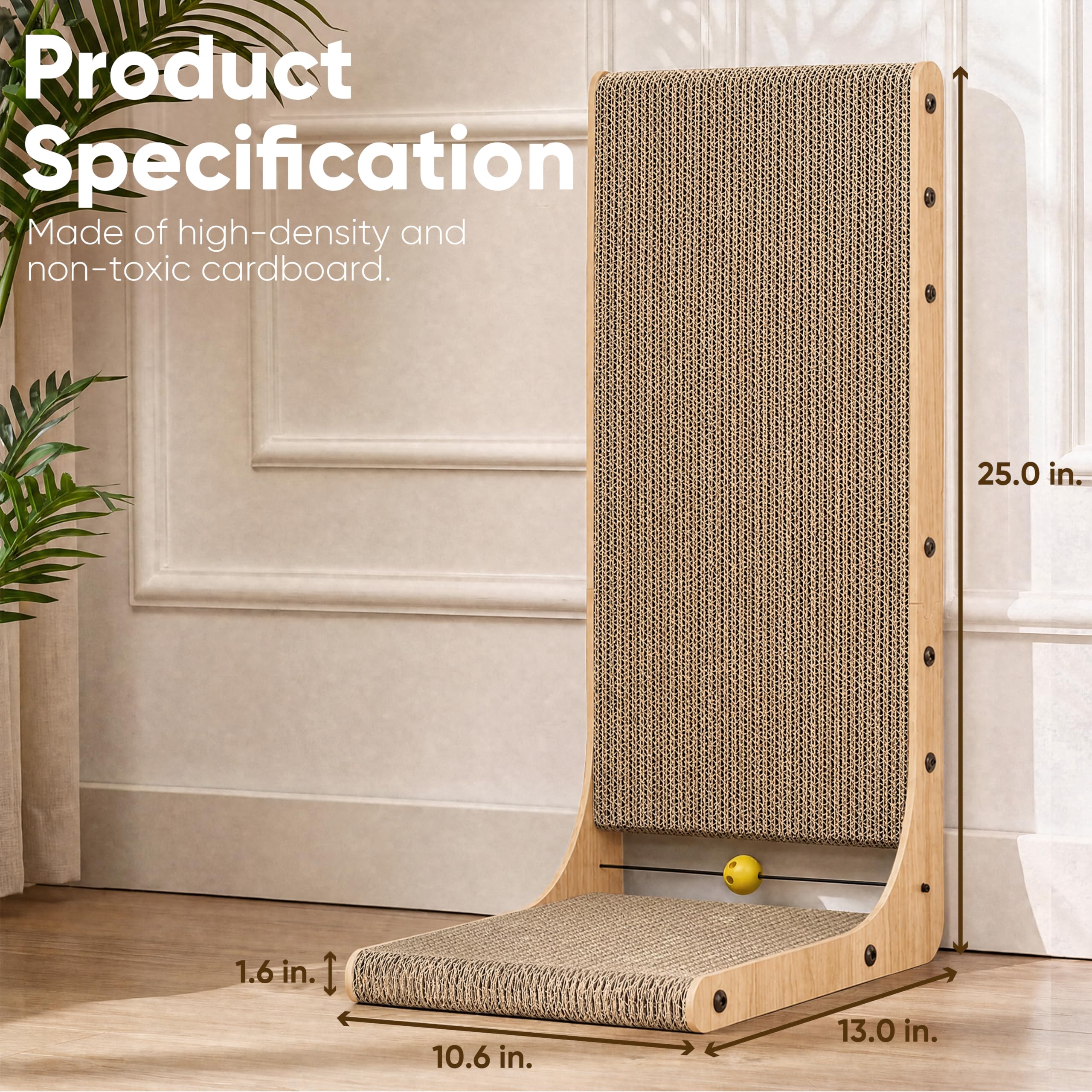 FUKUMARU Cat Scratcher, 26.8 Inch L Shaped Cat Scratch Pad for Indoor Cats | Vertical Cat Scratching Board with Ball Cat Toy, Cardboard Cat Scratcher for Wall Sofa Couch, Kitten Scratching Post, Large