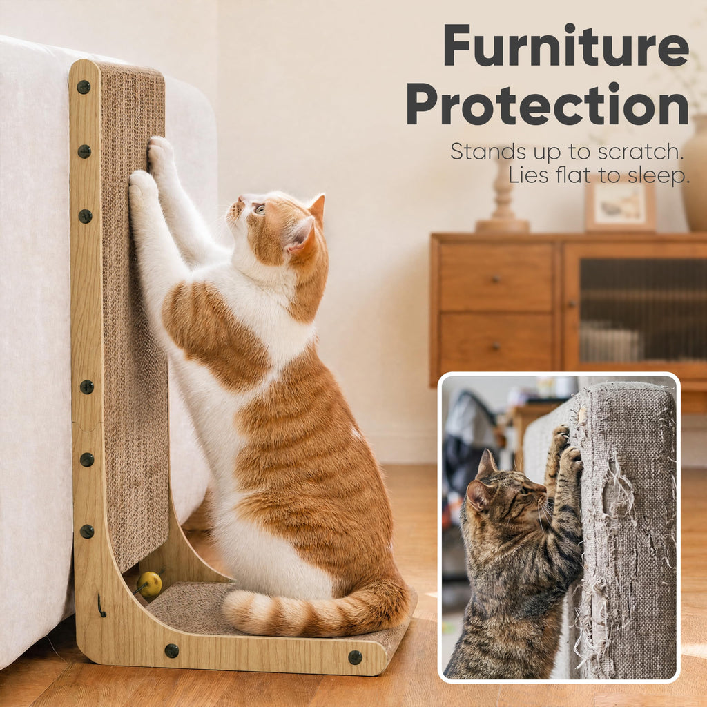 FUKUMARU Cat Scratcher, 26.8 Inch L Shaped Cat Scratch Pad for Indoor Cats | Vertical Cat Scratching Board with Ball Cat Toy, Cardboard Cat Scratcher for Wall Sofa Couch, Kitten Scratching Post, Large