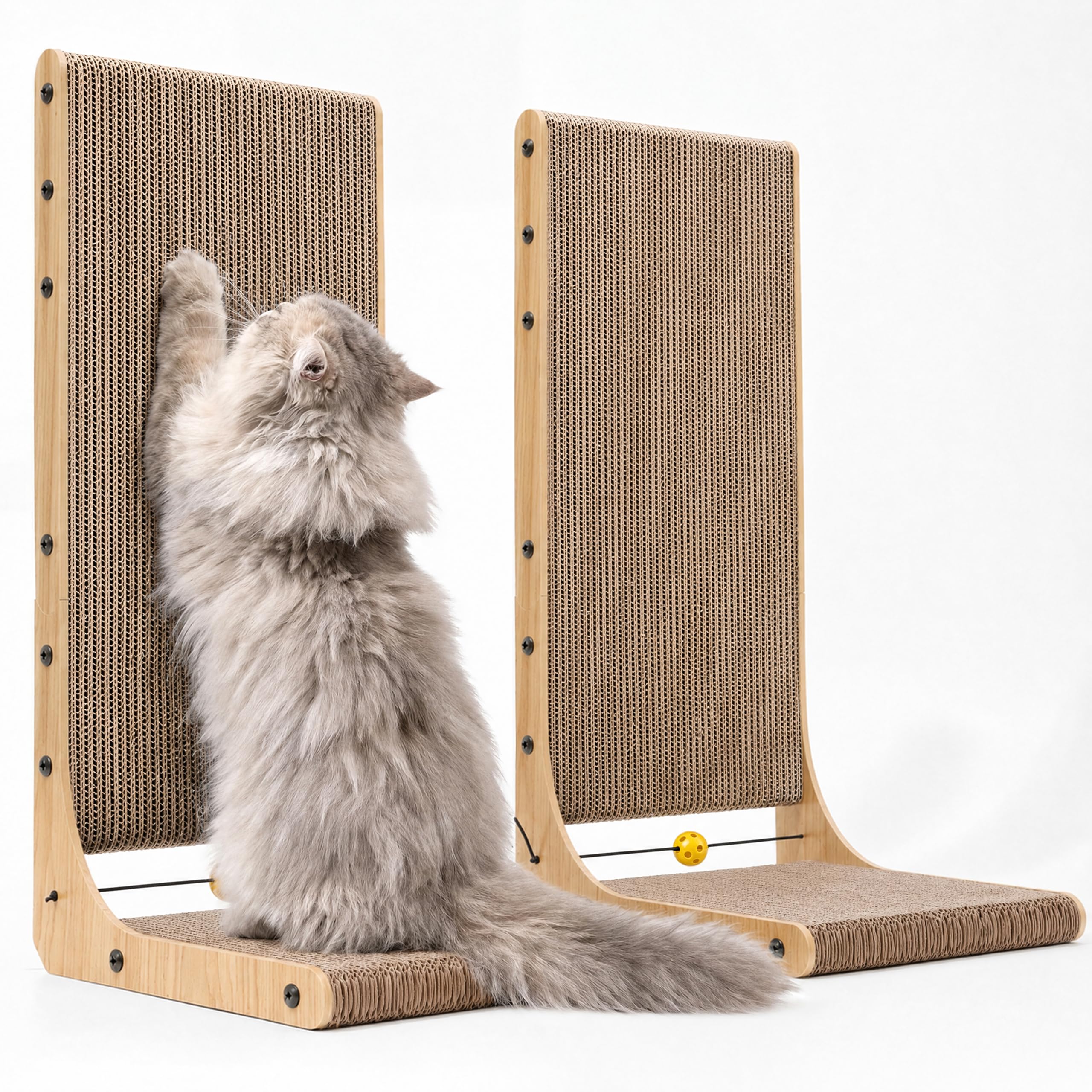 FUKUMARU Cat Scratcher, 26.8 Inch L Shaped Cat Scratch Pad for Indoor Cats | Vertical Cat Scratching Board with Ball Cat Toy, Cardboard Cat Scratcher for Wall Sofa Couch, Kitten Scratching Post, Large