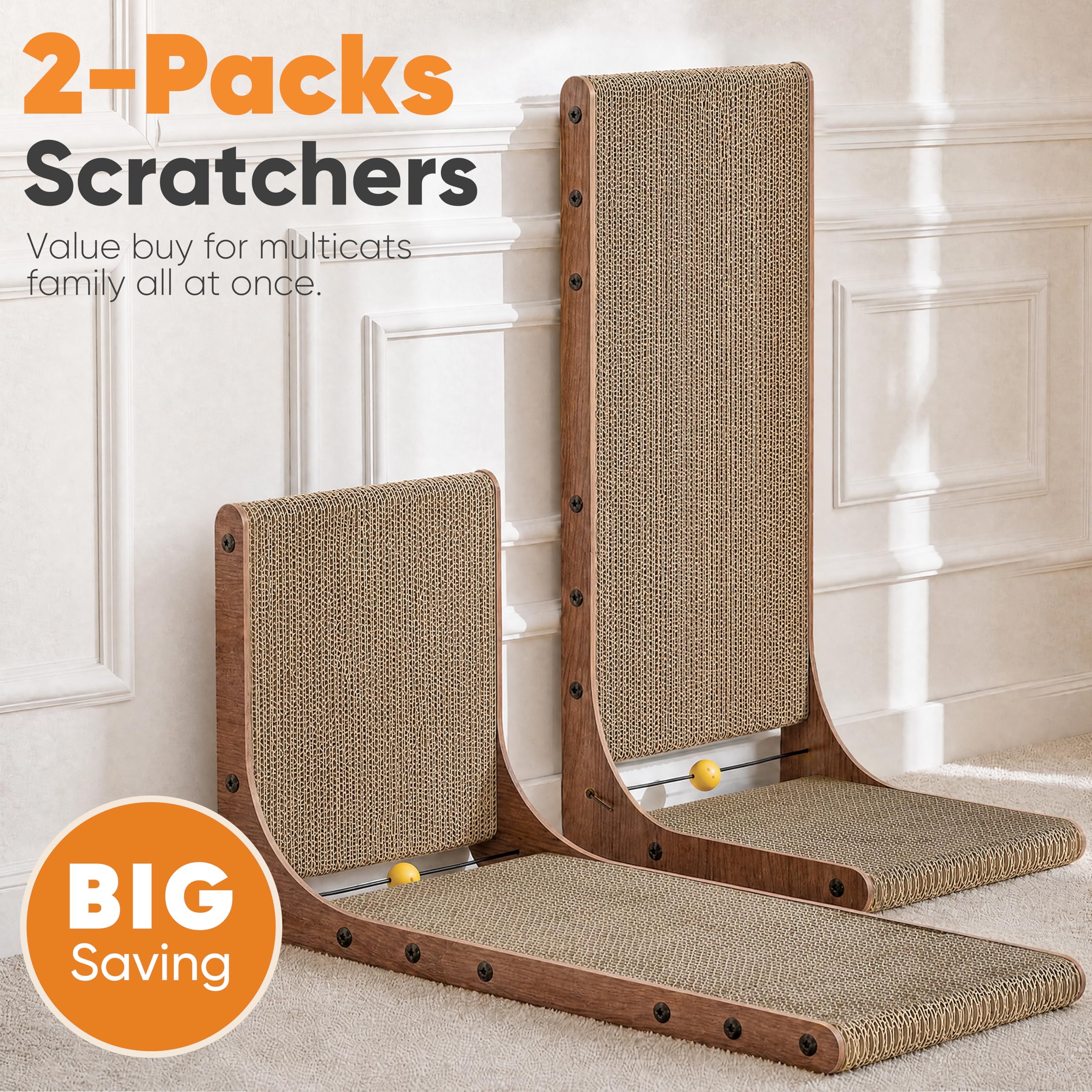 FUKUMARU Cat Scratcher, 26.8 Inch L Shaped Cat Scratch Pad for Indoor Cats | Vertical Cat Scratching Board with Ball Cat Toy, Cardboard Cat Scratcher for Wall Sofa Couch, Kitten Scratching Post, Large