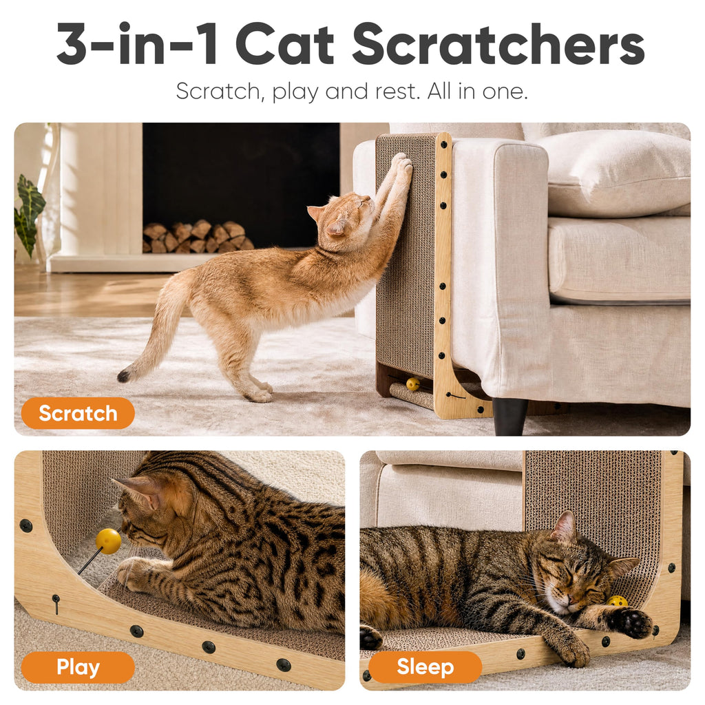 FUKUMARU Cat Scratcher, 26.8 Inch L Shaped Cat Scratch Pad for Indoor Cats | Vertical Cat Scratching Board with Ball Cat Toy, Cardboard Cat Scratcher for Wall Sofa Couch, Kitten Scratching Post, Large